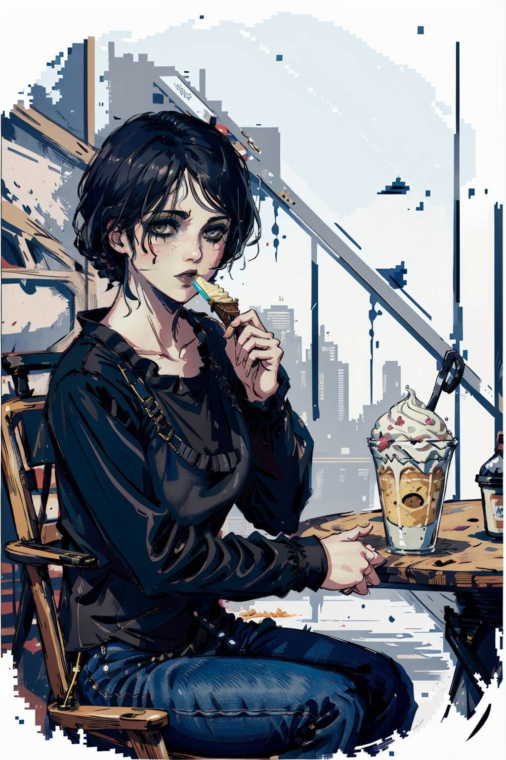 (masterpiece, top quality, best quality, official art, detailed:1.2), <lora:irisW3:0.8>, irisW3, 1girl, black hair, grey eyes, looking at viewer, lips, makeup, folded shirt, jeans, eating, (ice cream:1.1), sitting, chair, cafe, 