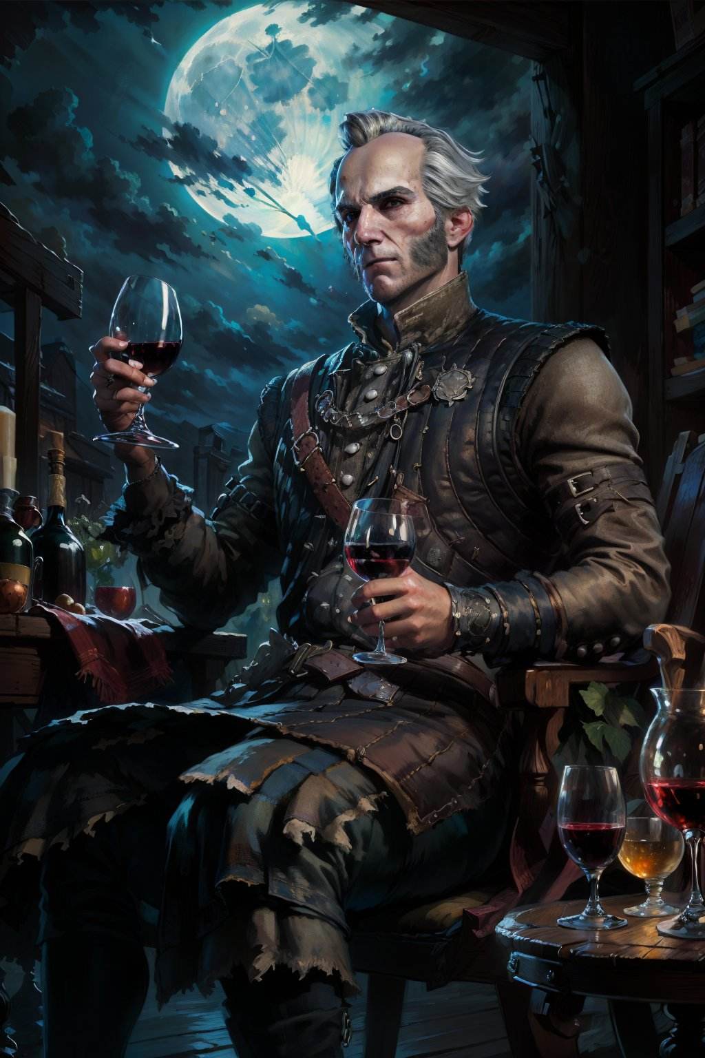 (masterpiece, top quality, best quality, official art, detailed:1.2), <lora:regisW3:0.7>, emielregisW3, sitting, holding, wine glass, grey hair, facial hair, old, night , full moon, clouds, scenery