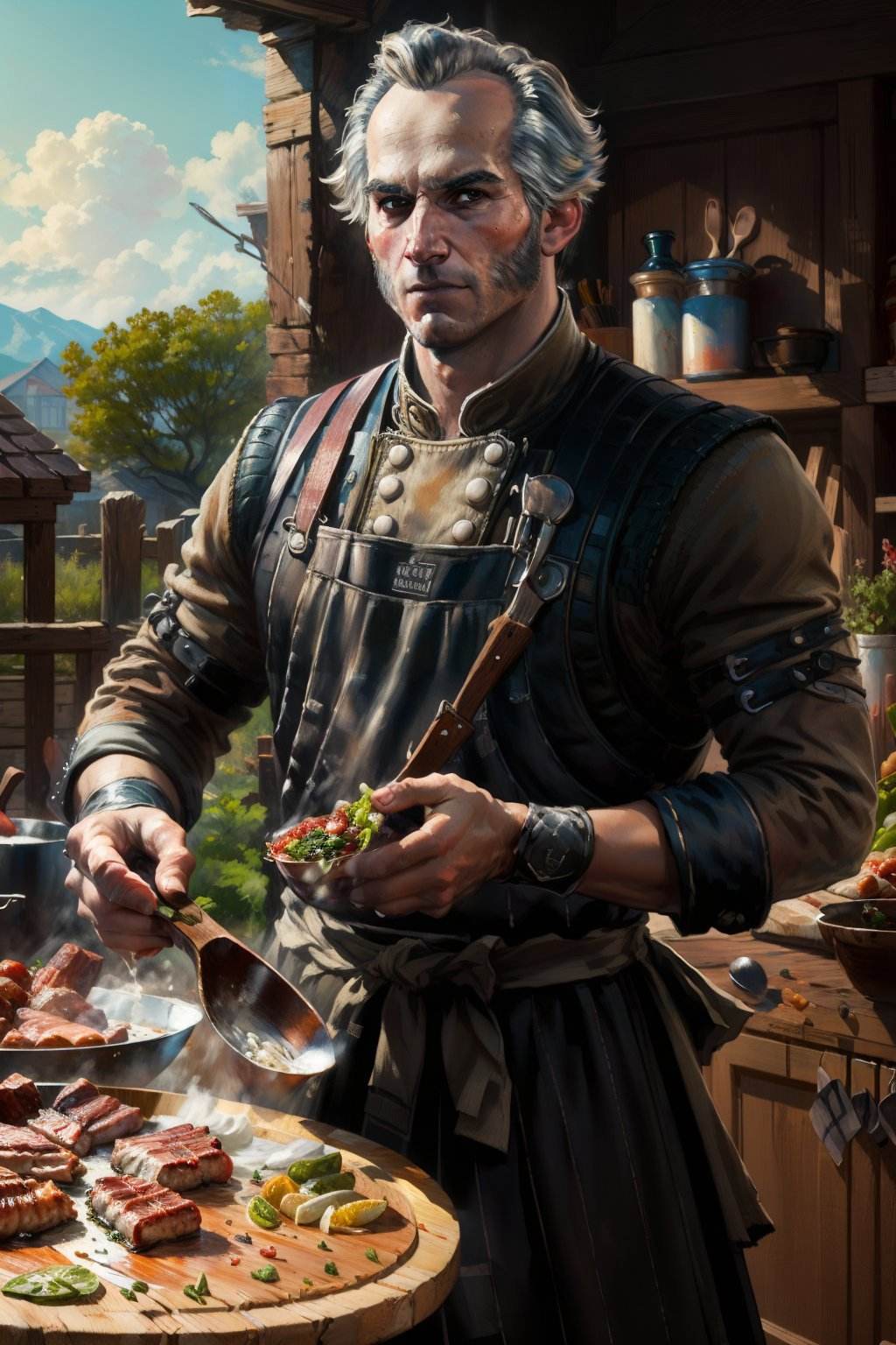 (masterpiece, top quality, best quality, official art, detailed:1.2), <lora:regisW3:0.7>, emielregisW3, facial hair, (apron:1.2), (chef:1.3), barbeque, cooking, outdoors,