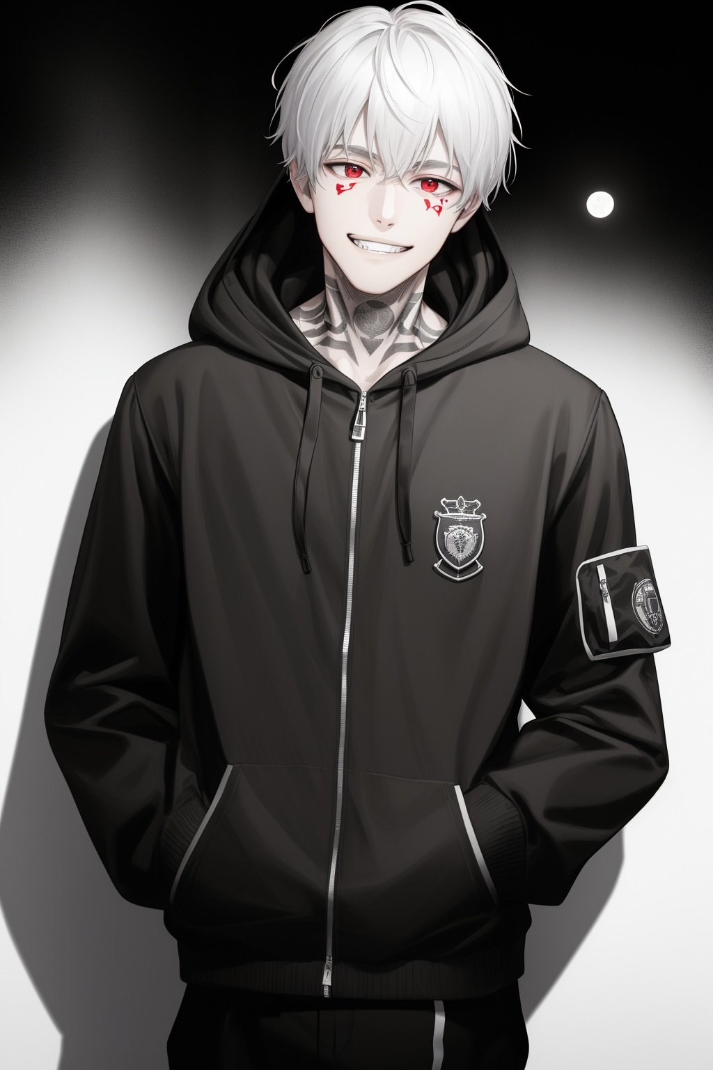 (extremely detailed CG unity 8k wallpaper),(((masterpiece))), (((best quality))), ((ultra-detailed)), (best illustration),(best shadow), ((an extremely delicate and beautiful)),1boy, grin, hood, hood_up, hoodie, male_focus, monochrome, red_eyes, simple_background, smile, solo, ((short hair)),hand in pocket, upper_body, facial tattoo,Jackets,badge,white_background,moon