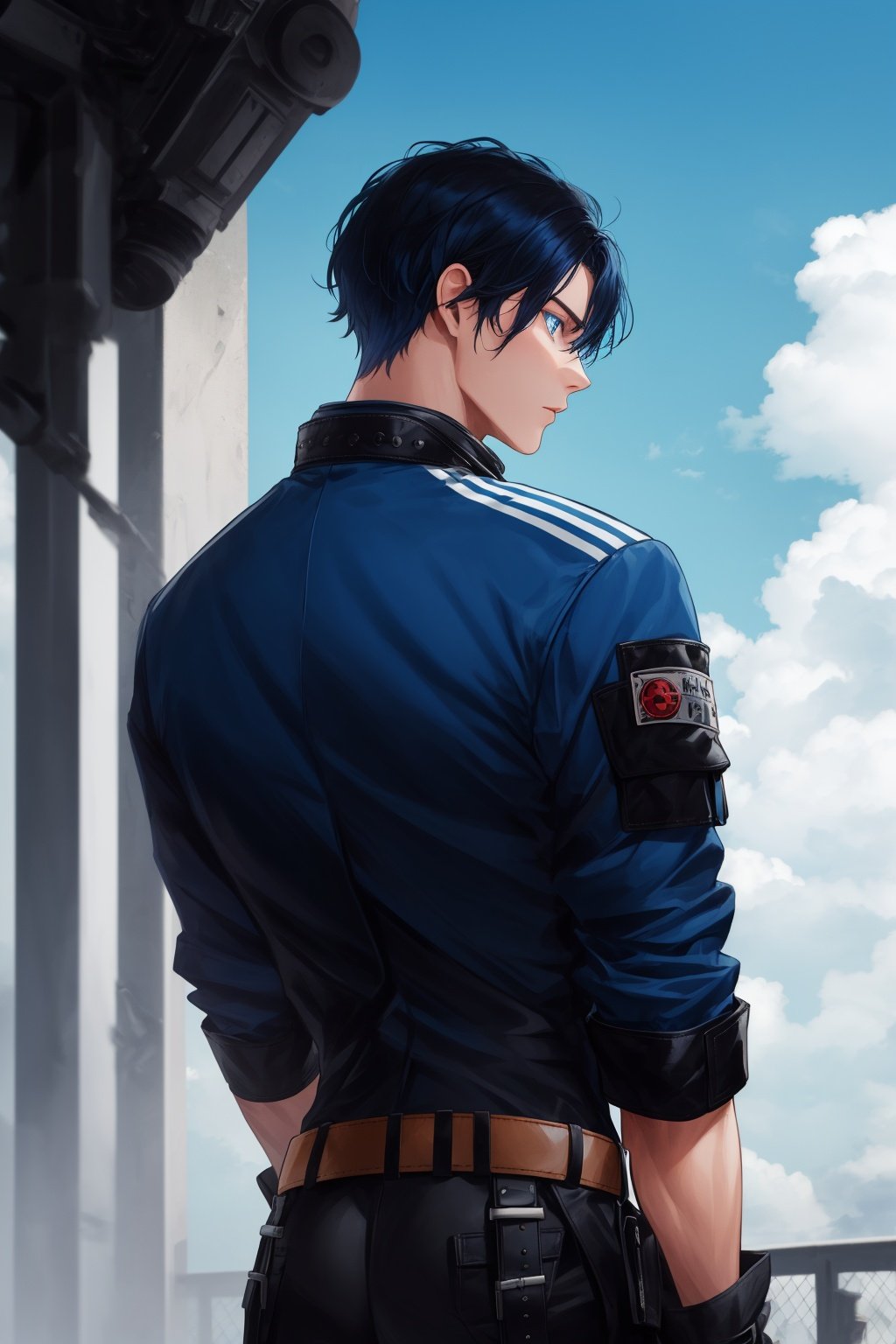 ((arm behind back)),boy,black hair, bluehair,blue eyes,muscle,male_focus, blue_eyes, jacket, gloves, belt, black_hair, black_gloves,sky,only,solo