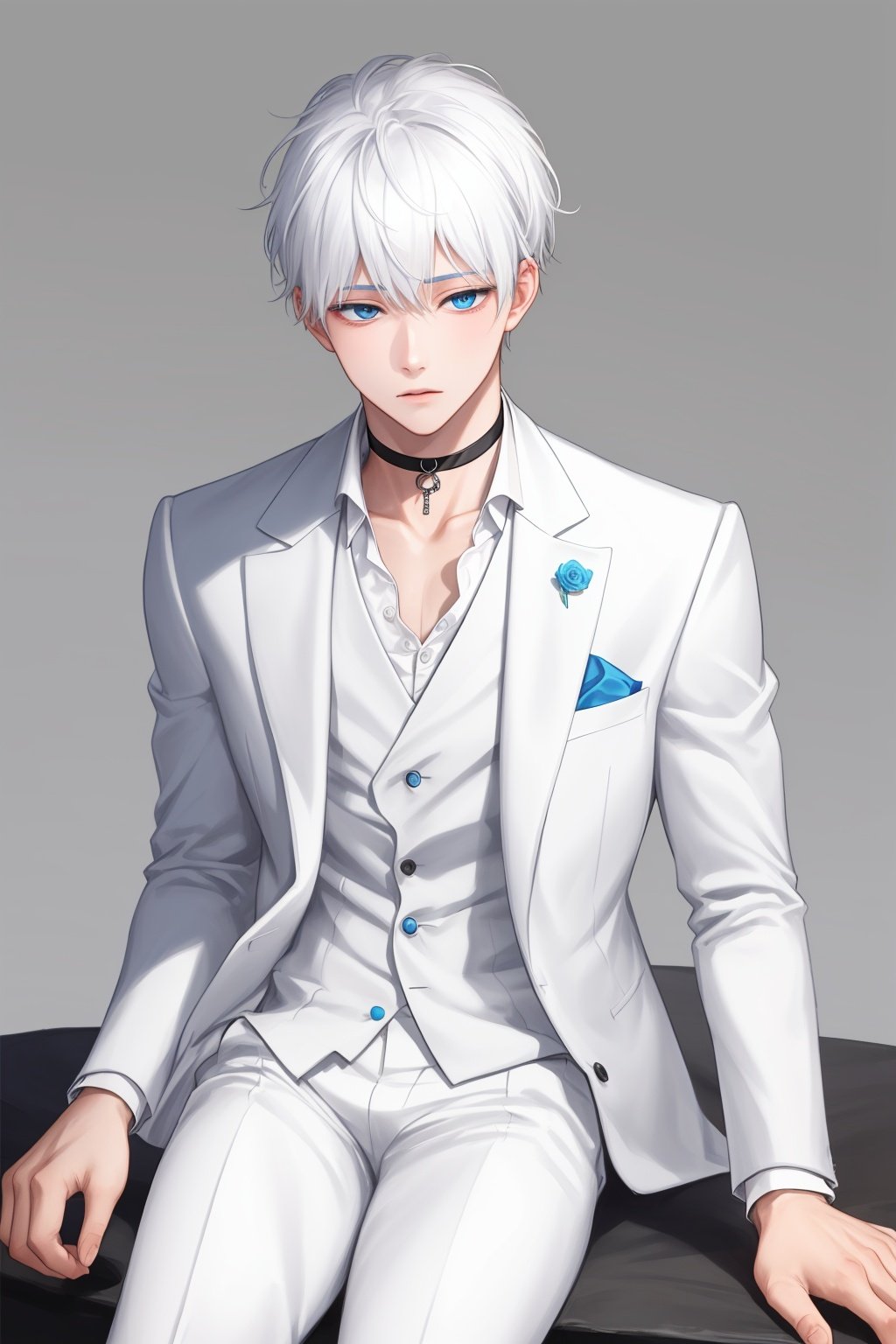 1boy,1080P,shota,white hair,solo,only,choker,muscle,sit,(white suit) ,white skin,blue eyes,STAND,Men's suits,shy