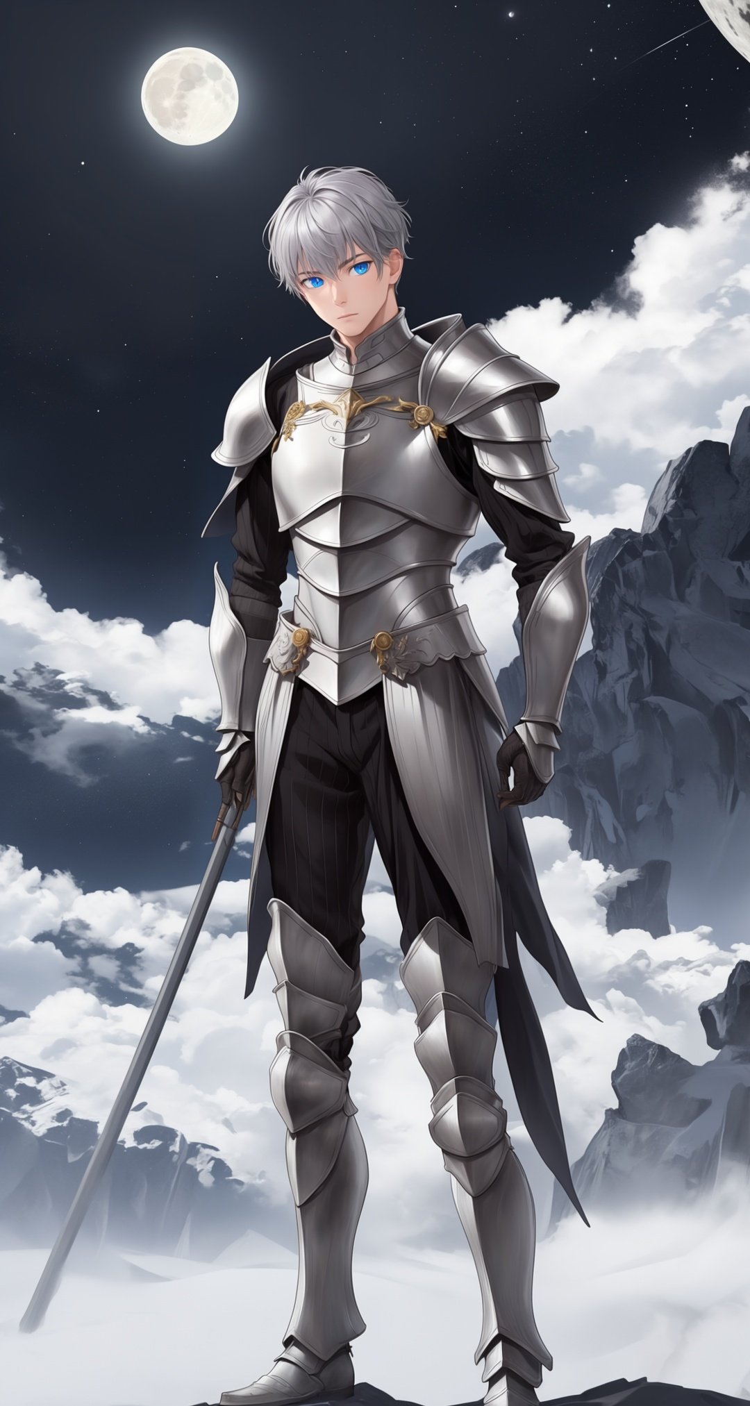 1boy,close fitting armor,blue eyes,gray hair,look at viewer,suit,moon,star,stand