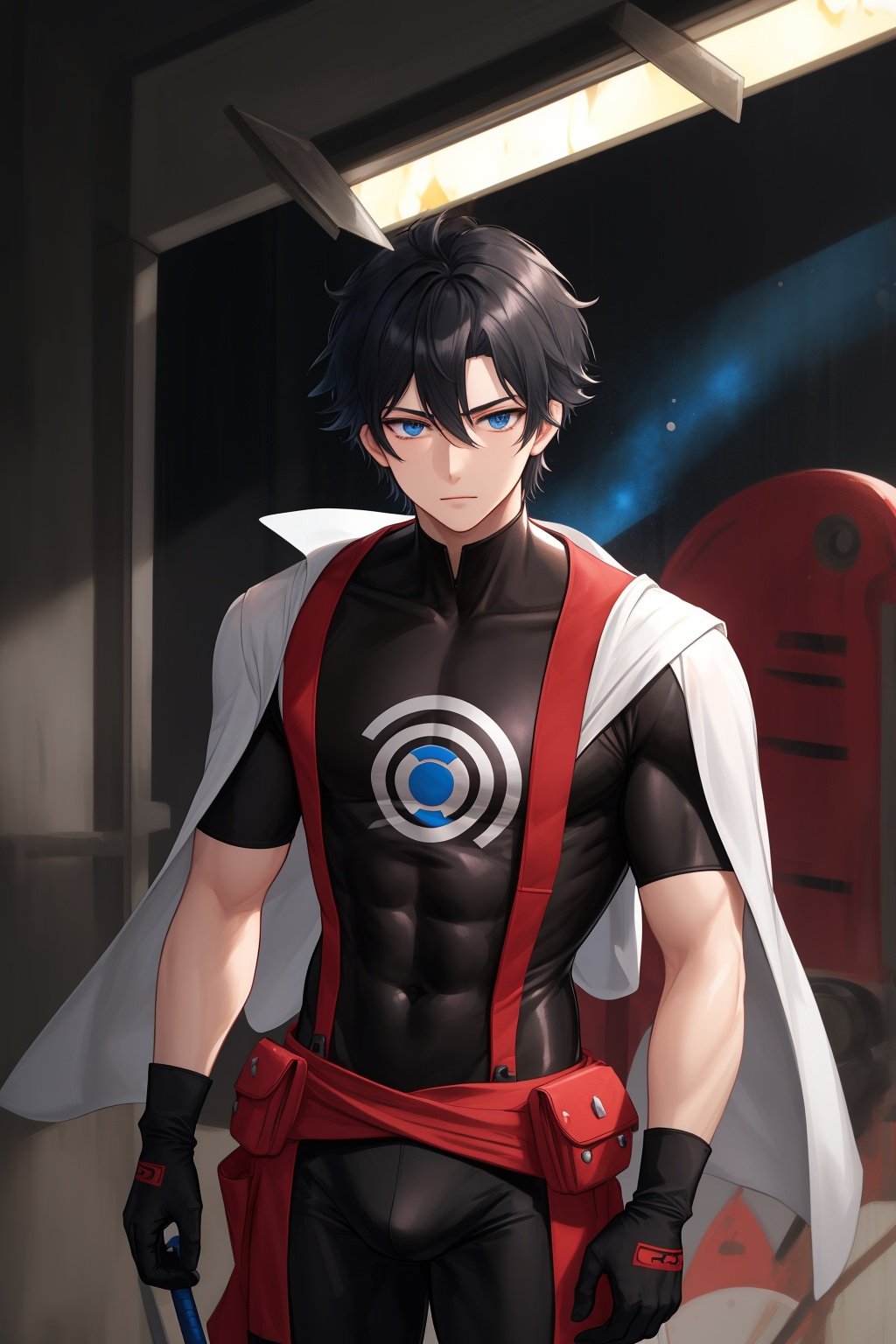 1boy, male focus, upper body, focus on face, delegated face, solo, black hair, blue eyes, short hair, gloves, black footwear, sneakers,black gloves, aiguillette, looking at viewer, Calf socks, standing, bodysuit, hair between eyes, qingshan, T-shirt, full body,Japanese scene ,cozy anime,science fiction,machinery,midjourney portrait,miguel,red \(pokemon\),blade \(honkai: star rail\),Crotch bulging,mafeima,elio \(pokemon\),megaman, 