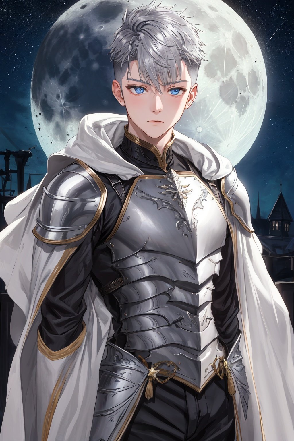 1boy,close fitting armor,blue eyes,gray hair,look at viewer,suit,undercut,moon,star