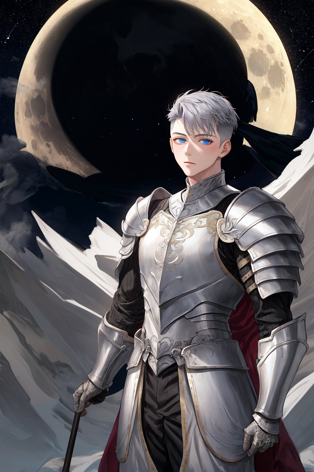 1boy,close fitting armor,blue eyes,gray hair,look at viewer,suit,undercut,moon,star