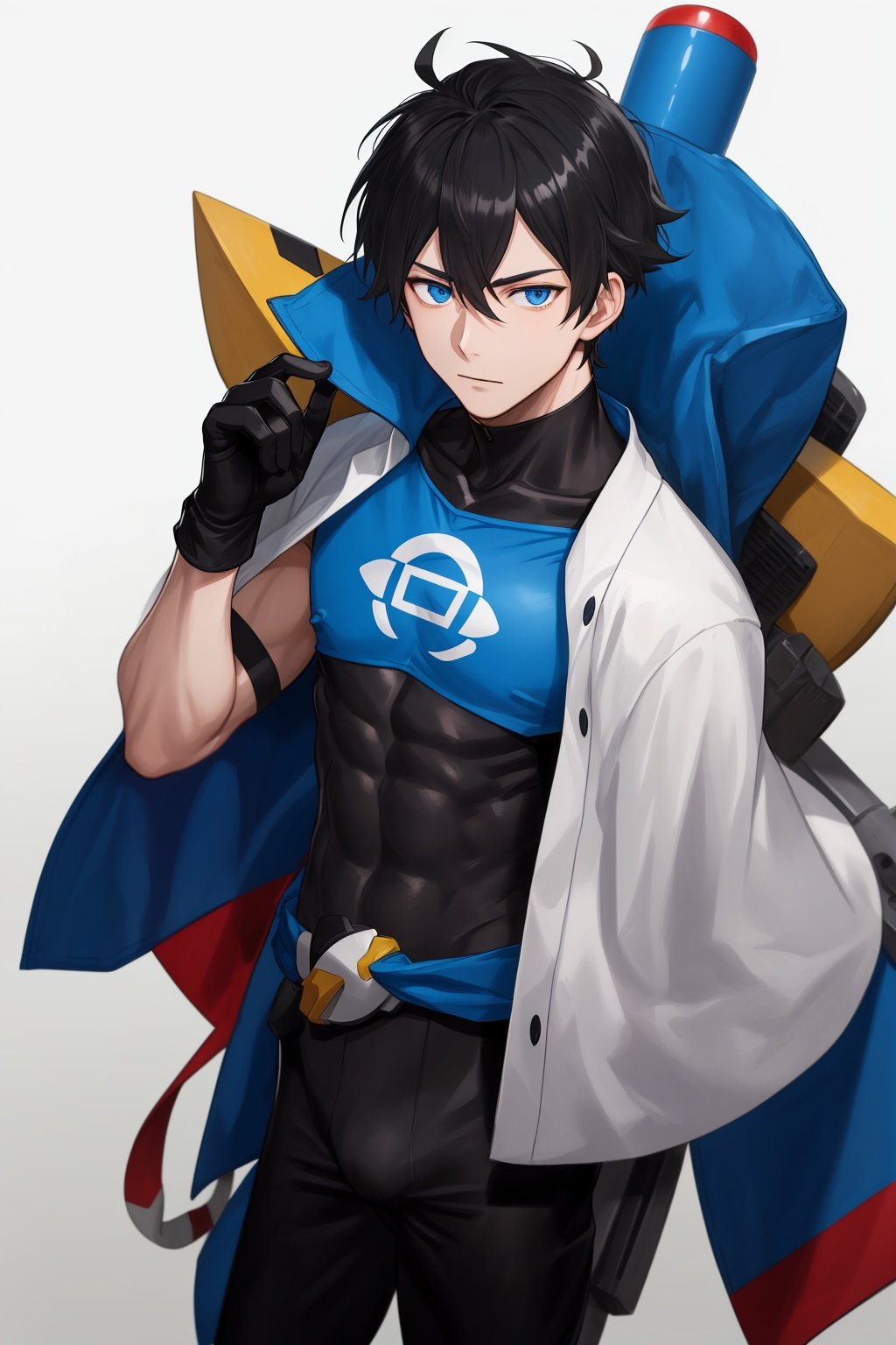 1boy, male focus, upper body, focus on face, delegated face, solo, black hair, blue eyes, short hair, gloves, black footwear, sneakers,black gloves, aiguillette, looking at viewer, Calf socks, standing, bodysuit, hair between eyes, qingshan, T-shirt, full body,Japanese scene ,cozy anime,science fiction,machinery,midjourney portrait,miguel,red \(pokemon\),blade \(honkai: star rail\),Crotch bulging,mafeima,elio \(pokemon\),megaman, 