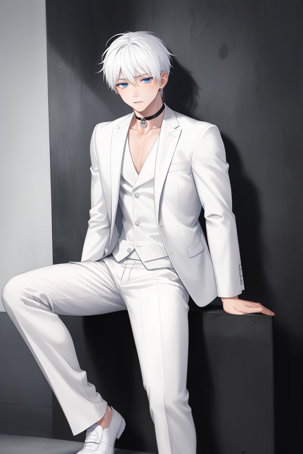 1boy,1080P,shota,white hair,solo,only,choker,muscle,sit,(white suit) ,white skin,blue eyes,STAND,Men's suits,shy