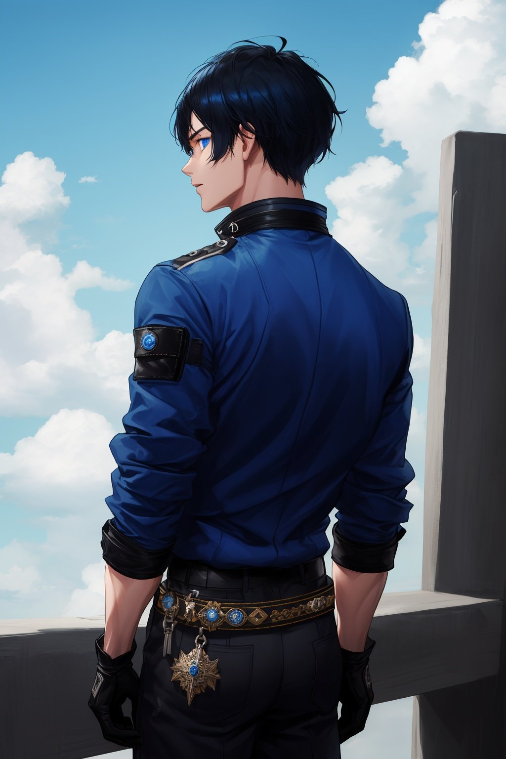 ((arm behind back)),boy,black hair, bluehair,blue eyes,muscle,male_focus, blue_eyes, jacket, gloves, belt, black_hair, black_gloves,sky,only,solo