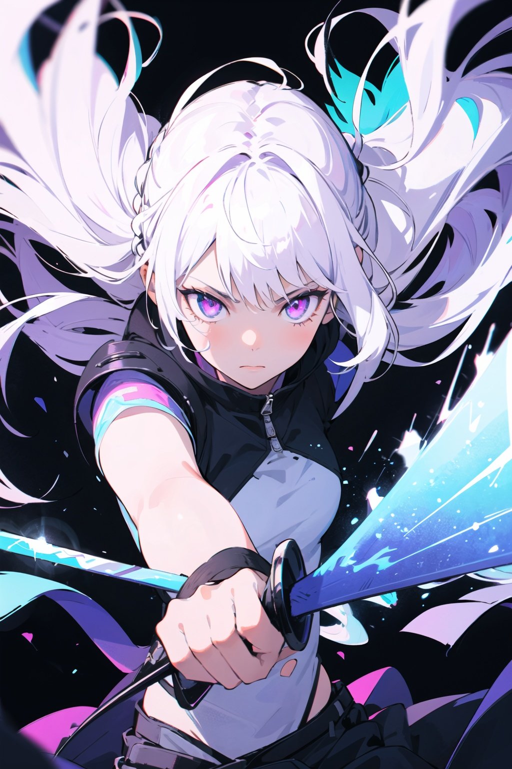 colorful, 1girl, white hair, purple eyes, dual wielding, sword, holding sword, blue flames, glow, glowing weapon, light particles, wallpaper, chromatic aberration,