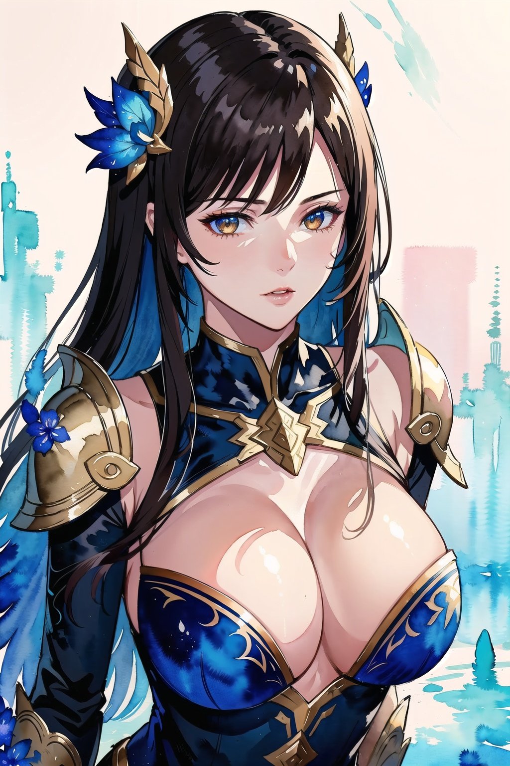 ultra realistic, ((gorgeous)),  league of legends, highres, 1girl, ultra-detailed, (beautiful detailed face and eyes and hair:1.1), masterpiece, perfect face, beautiful face,  textured skin, beautiful detailed face, sensual, beautiful eyes, masterpiece, intricate details, 1girl, looking at viewer ,solo, seductive, erotic, Extremely beautiful,pretty woman, beautiful woman, half body, perfect, hair ornament, brown eyes, (armor:1.2), leona \(lol\),  heroic pose,(watercolor:1.5),Created by Doingli with model Flyingsnow V2.0,Minimalist illustration