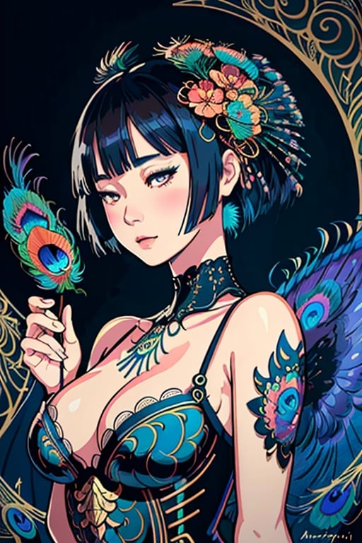 by audrey kawasaki, Baroque, intricate patterns, fractalism, movie still, photorealistic, vibrant peacock feathers, intricate, elegant, highly detailed, digital painting, artstation, smooth, sharp focus, illustration, illuminated lines,vaporware, intricate venetian patterns, cyberpunk darksynth