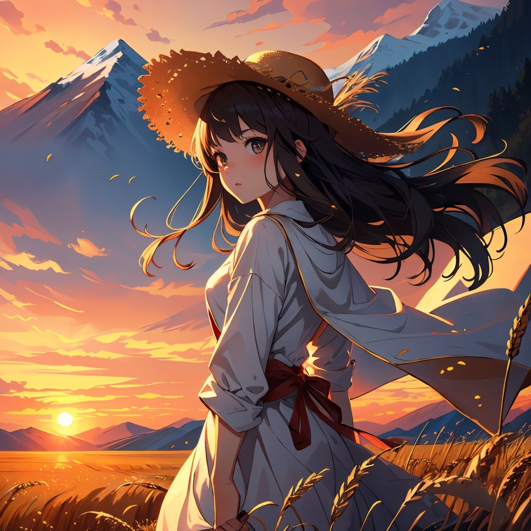 (((high detail))), best quality, 1girl,full frame, working in the golden wheat field, straw hat,dark brown long flowing hair blowing in the wind, mountains in the far background, sunset