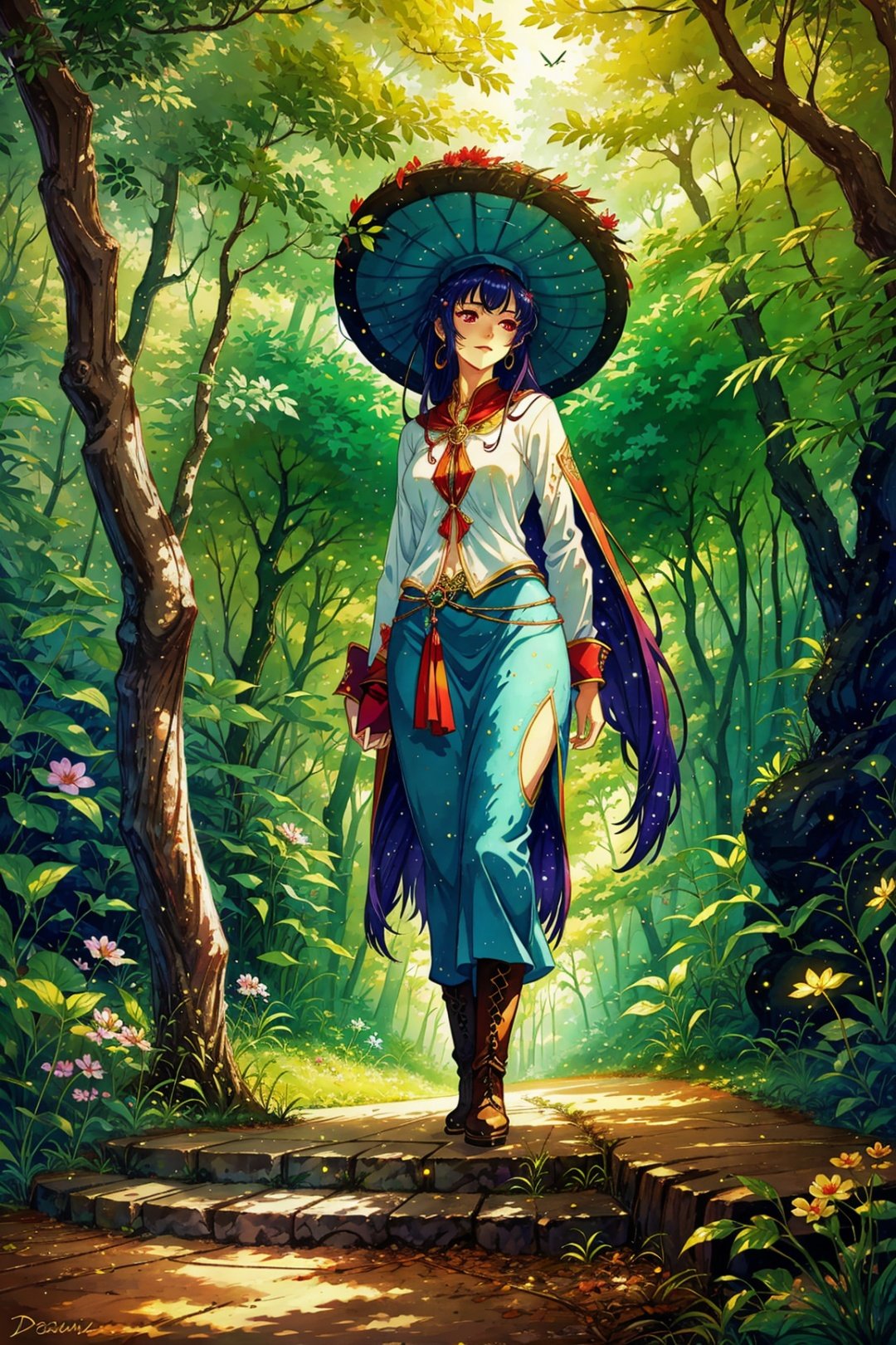 illustration by brian Froud, Ultra-high resolution, dreamy perspective,a lady finds herself in a fantastic forest with towering trees radiating a mysterious light from their canopies. She walks down a path and encounters magical creatures and breathtaking plants, BREAK, glowing fireflies on the grass and surrounded by glowing rubies, ultra detail, frosty anime stye,by Dongli