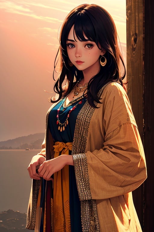 (masterpiece:1.4),(best quality:1.4),(ultra-detailed:1.2),high quality,highres,ultra high res,extremely detailed,1girl,bohemian style, flowing dresses, layered clothing, earthy colors, fringe accessories, ethnic prints, natural fabrics, artistic designs,sunset