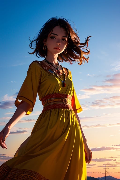 (masterpiece:1.4),(best quality:1.4),(ultra-detailed:1.2),high quality,highres,ultra high res,extremely detailed,1girl,bohemian style, flowing dresses, layered clothing, earthy colors, fringe accessories, ethnic prints, natural fabrics, artistic designs,sunset