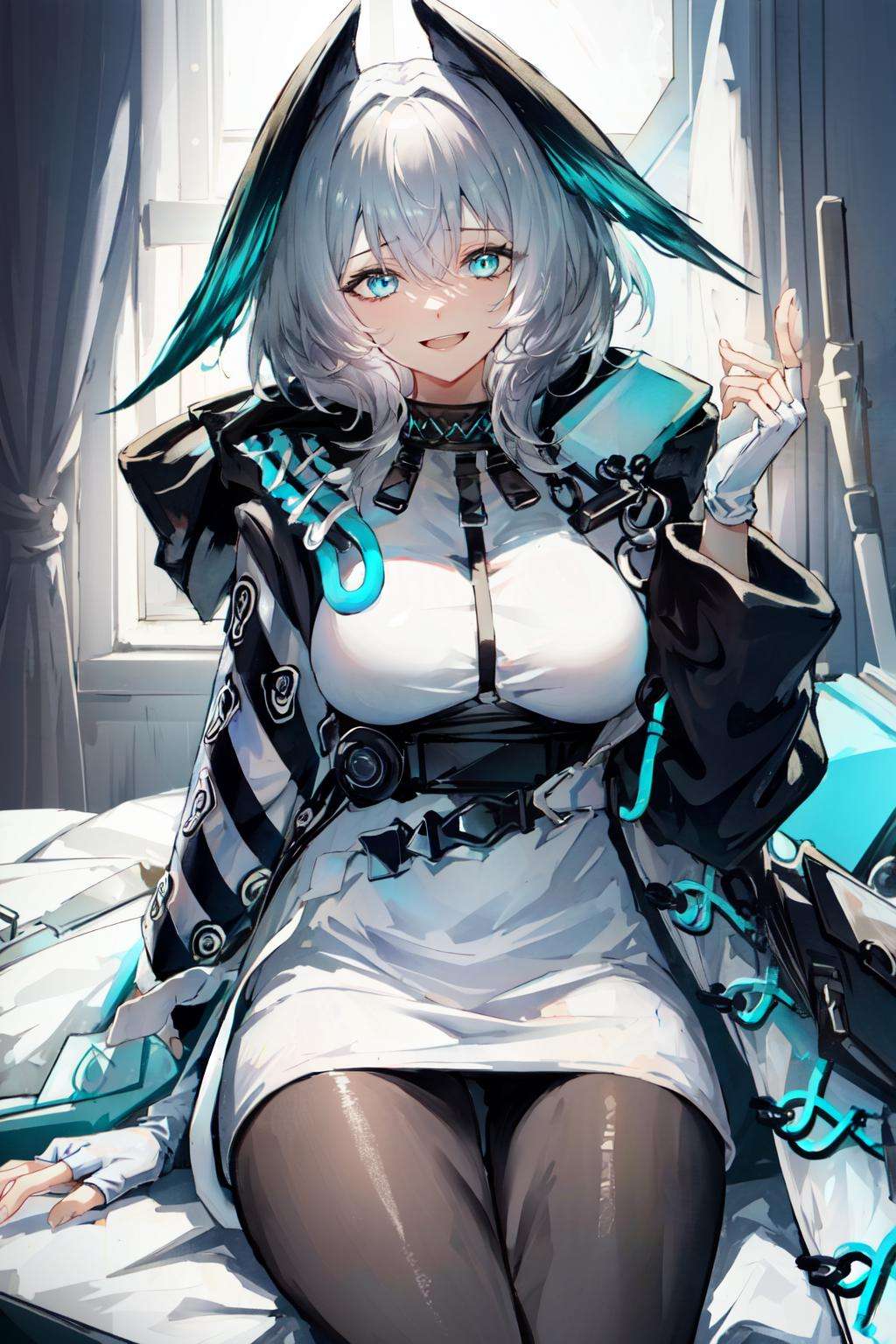 <lora:hoolheyak:1>hoolheyak(arknights), black pantyhose, jacket, fingerless gloves, dress, hood, smile, white gloves, large breasts, white dress, hair between eyes, pantyhose, parted lips, gloves, 1girl, sitting, long sleeves, open mouth, white hair, blue eyes, solo, hand up, looking at viewer, open clothes