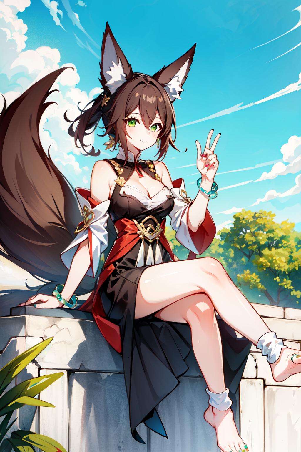 <lora:tingyun:0.7>tingyun(hsr), sitting, green eyes, fox ears, full body, tail, looking at viewer, hair between eyes, jewelry, toes, sky, nail polish, outdoors, bare shoulders, toenails, bracelet, long hair, animal ear fluff, bead bracelet, barefoot, toeless legwear, solo, detached sleeves, brown hair, socks, 1girl, dress, animal ears, closed mouth, cleavage, holding