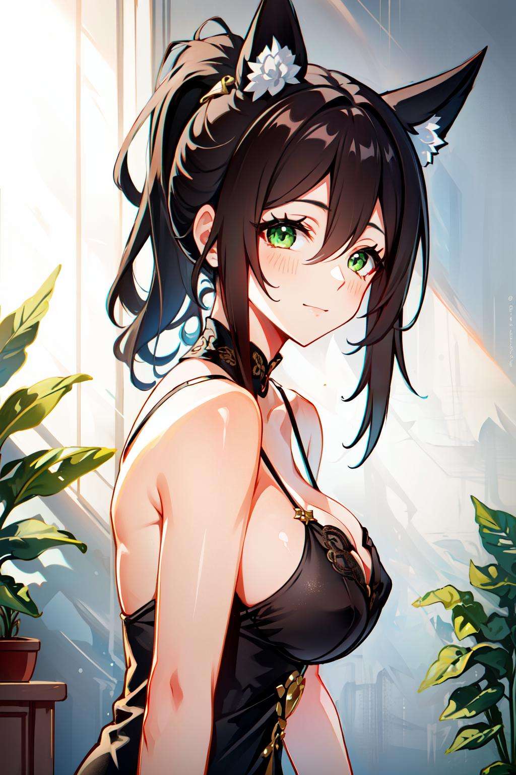 <lora:tingyun:0.7> tingyun(hsr), 1girl, ponytail, green eyes, brown hair,  ( wearing satin slip dress with a thigh-high slit  ), arms are hidden, intricate details, enhanced lighting , (upper body, portrait