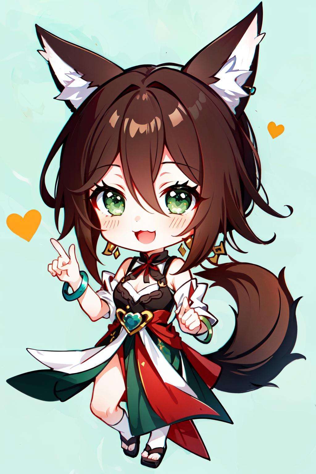 <lora:tingyun:0.7> tingyun(hsr), jewelry, solo, open mouth, bracelet, brown hair, long hair, green eyes, simple background, gradiant background, 1girl, animal ears, heart, :3, smile, tail, looking at viewer, hair between eyes, chibi,vector art , abstract color