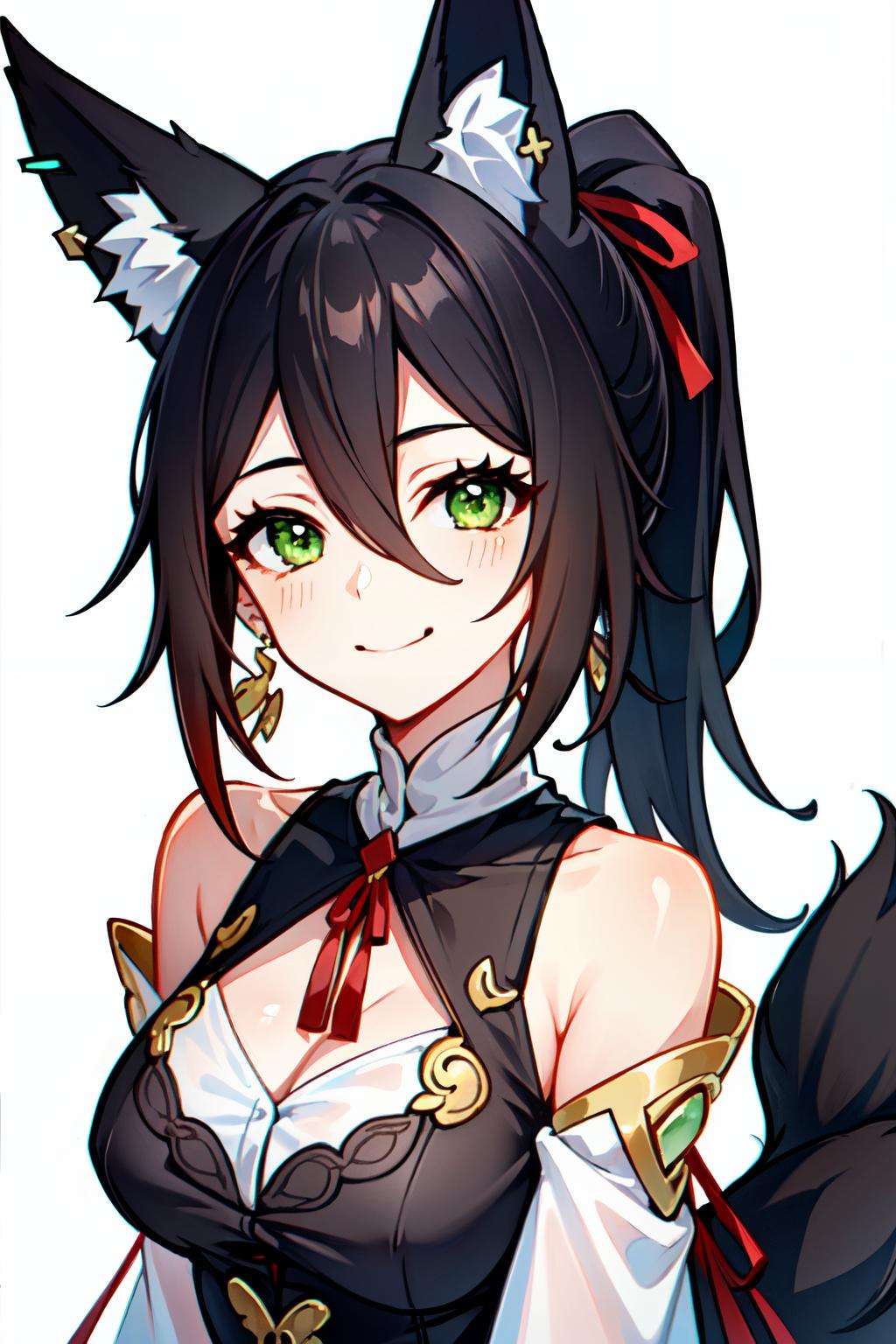 tingyun(hsr), green eyes, upper body, fox tail, looking at viewer, hair between eyes, jewelry, earrings, black hair, simple background, red ribbon, bare shoulders, medium breasts, long hair, animal ear fluff, solo, detached sleeves, 1girl, dress, ponytail, animal ears, smile, closed mouth, white background<lora:tingyun:0.7> 