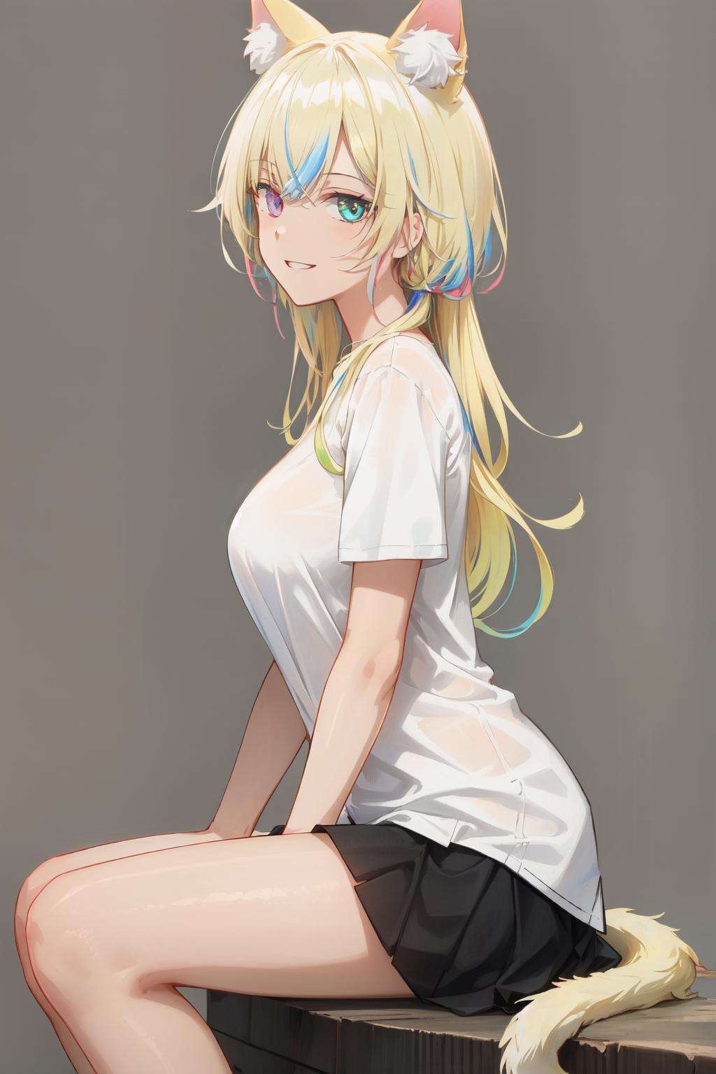 <lyco:free_style:1.0>free style, 1girl, solo, long hair, animal ears, shirt, breasts, from side, smile, looking at viewer, sitting, white shirt, cat ears, large breasts, parted lips, simple background, short sleeves, multicolored hair, bangs,heterochromia, 