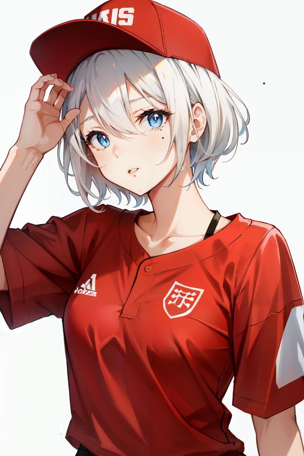 <lora:2b:1>yorha no. 2 type b, 1girl, blue eyes, white hair, no blindfold, baseball cap, simple background, red shirt, upper body, (masterpiece), short hair, mole under mouth,   parted lips