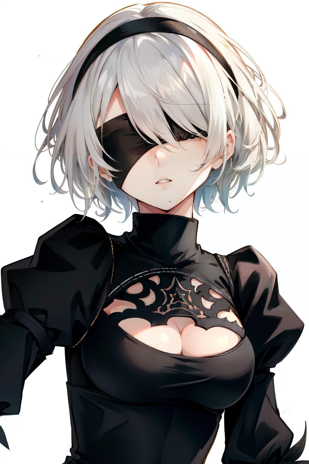 <lora:2b-10:1>yorha no. 2 type b, medium breasts, short hair, cleavage cutout, turtleneck, cleavage, parted lips, mole under mouth, black hairband, puffy sleeves, blindfold, dress, juliet sleeves, black blindfold, hairband, solo, upper body, white background, mole, clothing cutout, 1girl, white hair, black dress, long sleeves