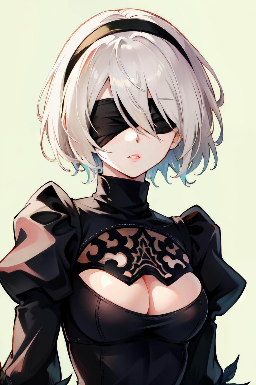 <lora:2b:1>yorha no. 2 type b, 1girl, blindfold, breasts, cleavage, cleavage cutout, clothing cutout, green background, hair between eyes, hairband, highres, juliet sleeves, long sleeves, puffy sleeves, red lips, shaded face, short hair, solo, turtleneck, upper body, white hair, white background