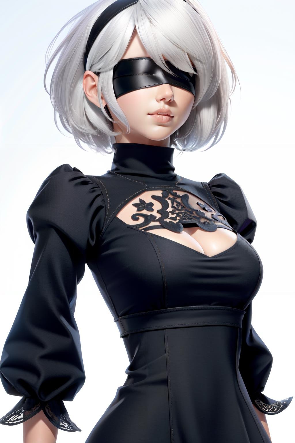 <lora:2b-10:1>yorha no. 2 type b, medium breasts, short hair, cleavage cutout, turtleneck, cleavage, parted lips, mole under mouth, black hairband, puffy sleeves, blindfold, dress, juliet sleeves, black blindfold, hairband, solo, upper body, white background, mole, clothing cutout, 1girl, white hair, black dress, long sleeves <lora:3DMM_V12:1>  ,3dmm