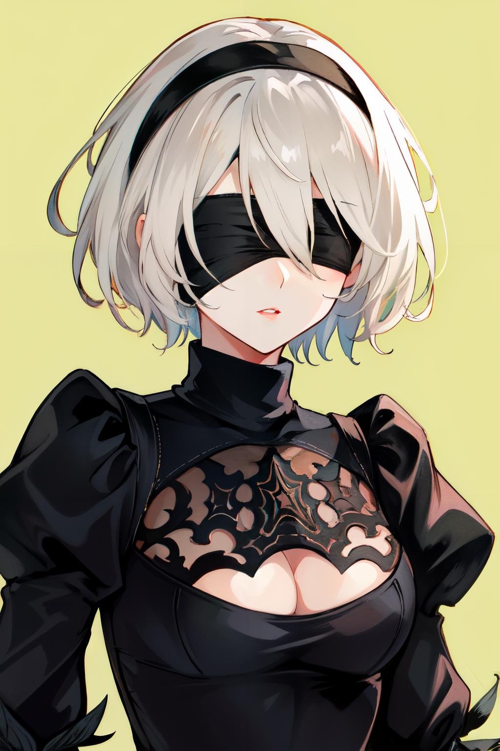 <lora:2b:1>yorha no. 2 type b, 1girl, blindfold, breasts, cleavage, cleavage cutout, clothing cutout, green background, hair between eyes, hairband, highres, juliet sleeves, long sleeves, puffy sleeves, red lips, shaded face, short hair, solo, turtleneck, upper body, white hair, 