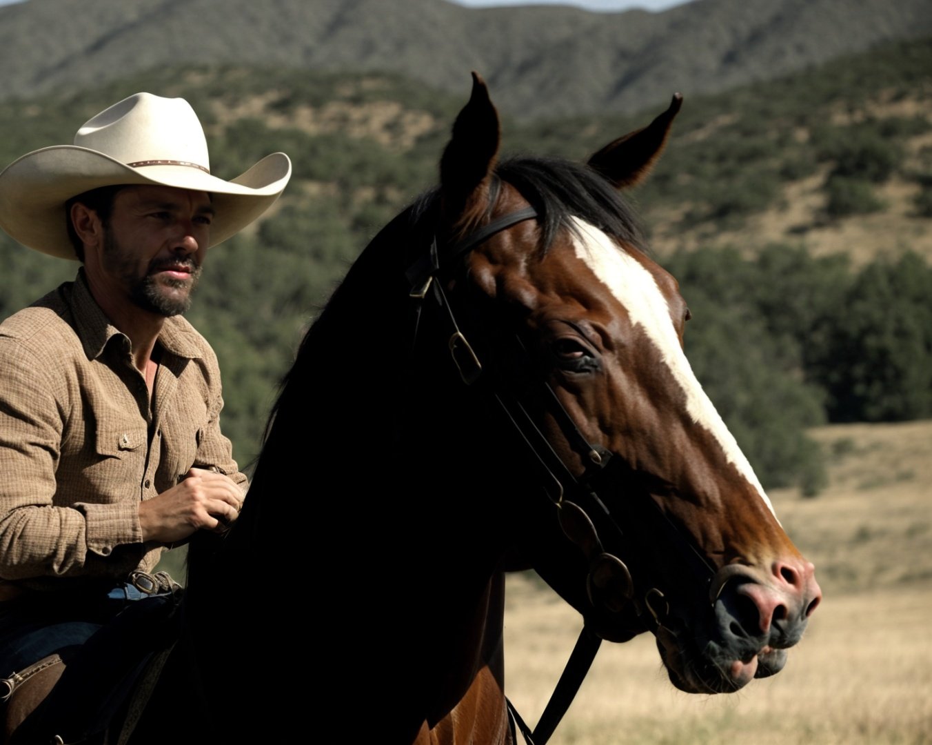 from westworld  <lora:westworld_offset:1>,  realistic, a portrait photo of a cowboy, cowboy hat, riding horse