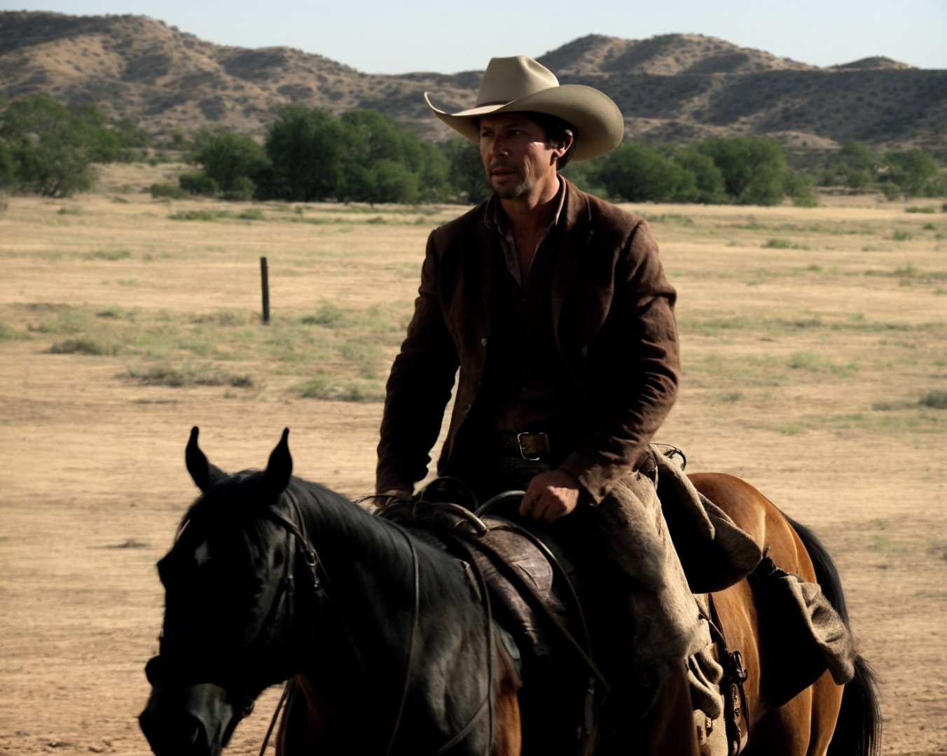 from westworld  <lora:westworld_offset:1>,  realistic, a portrait photo of a cowboy, cowboy hat, riding horse