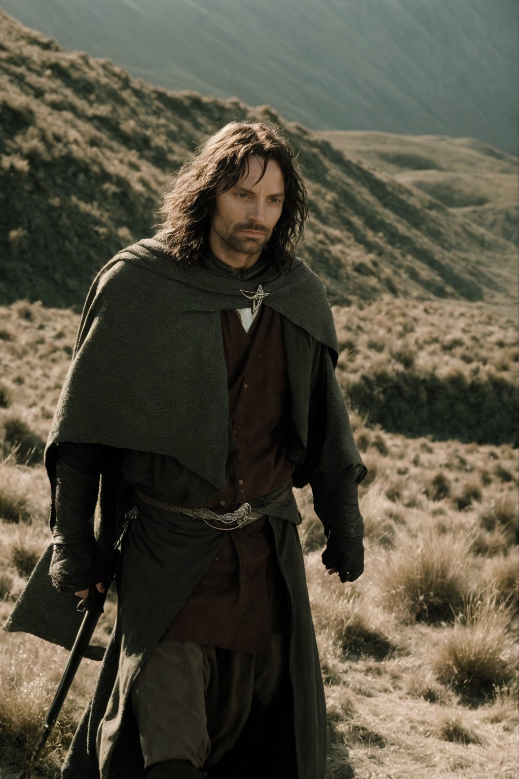 photo of the warrior Aragorn from Lord of the Rings <lora:lord_of_the_rings_offset:1>, film grain