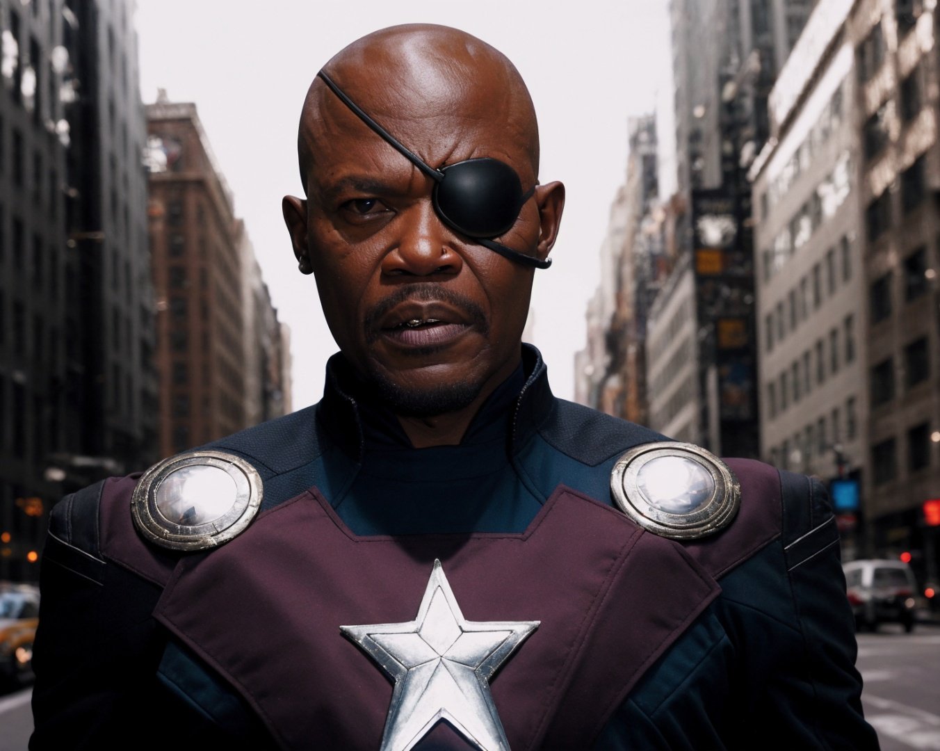 from avengers  <lora:avengers_offset:1>,  realistic, a portrait photo of Nick Fury in New York city, dark skin, eyepatch, professional, (Extremely Detailed:1.2), glow effects, godrays, intricate details, sharp focus, dramatic, photorealistic,sharp contrast