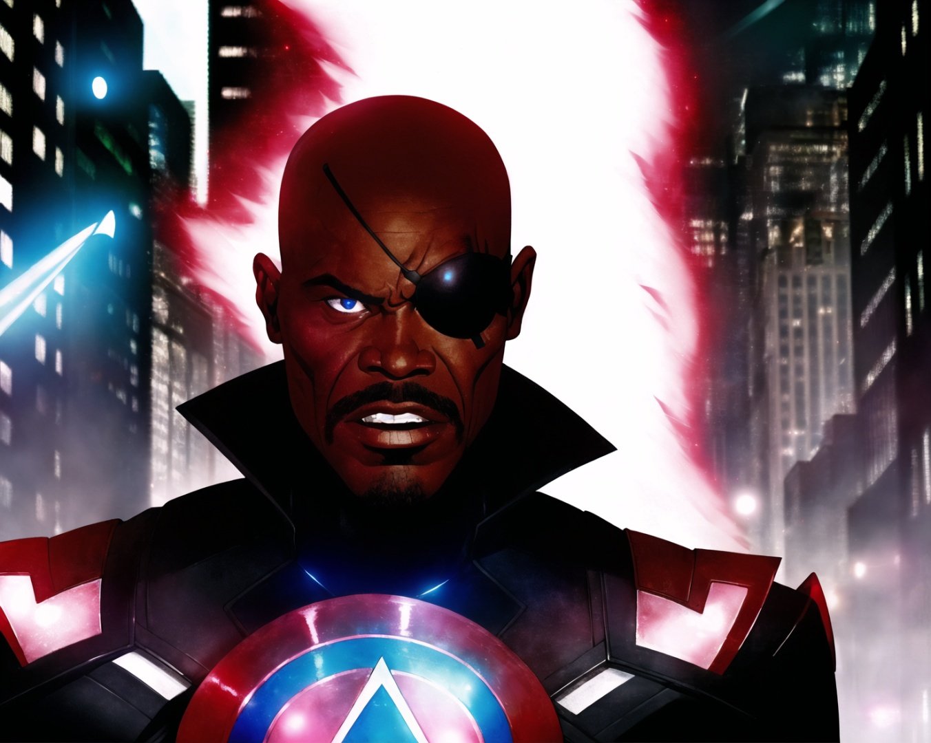 from avengers  <lora:avengers_offset:1>,   a portrait of Nick Fury in New York city, dark skin, eyepatch, professional, (Extremely Detailed:1.2), glow effects, godrays, intricate details, sharp focus, dramatic, sharp contrast