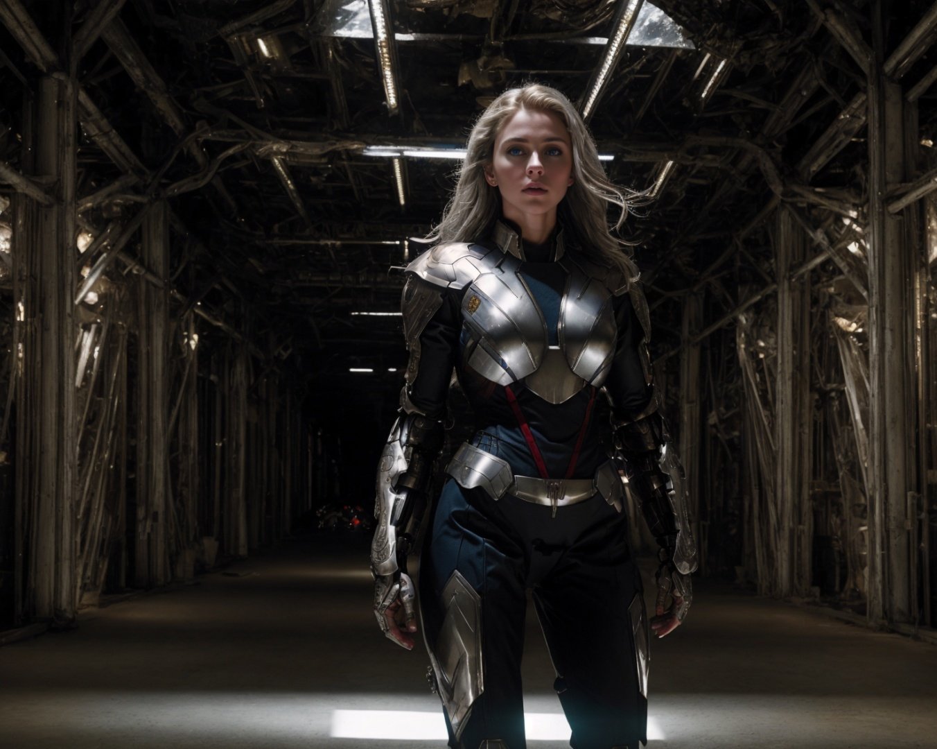 from avengers  <lora:avengers_offset:1>, (RAW photo, 4k, masterpiece, high res, extremely intricate) (photorealistic:1.4), cinematic lighting 1girl, solo focus, summer noon, hot, 1990s \(style\),cowboy shot,indoors,the upper part of the body, masterpiece, best quality, masterpiece,best quality,official art,extremely detailed CG unity 8k wallpaper, beautiful detailed eyes, artbook, photo, real, realistic, futuristic knight, (silver, long hair), mecha girl, mechanical parts, space station, Expressive Hues, Vibrant Palette,B lack and white clothes, <lora:more_details:0.2> <lora:mecha_offset:1>
