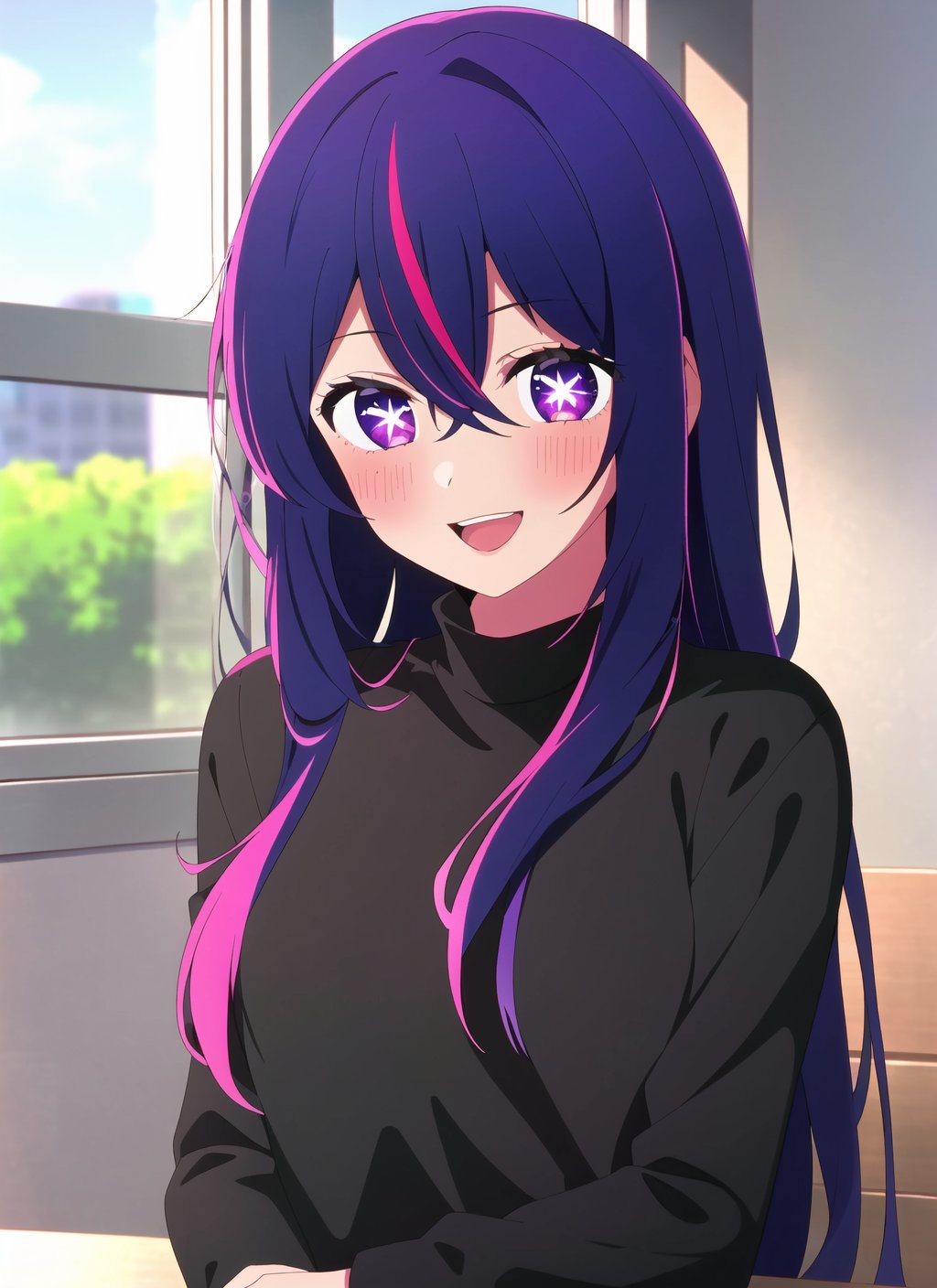 oshi no ko <lora:oshi_no_ko_offset:1>,  1girl, solo, multicolored hair, streaked hair, looking at viewer, purple eyes, purple hair, smile, open mouth, long hair, window, virtual youtuber, long sleeves, bangs, blurry, shirt, hair between eyes, upper body, indoors, blurry background, blush, black shirt, symbol-shaped pupils, ((masterpiece))