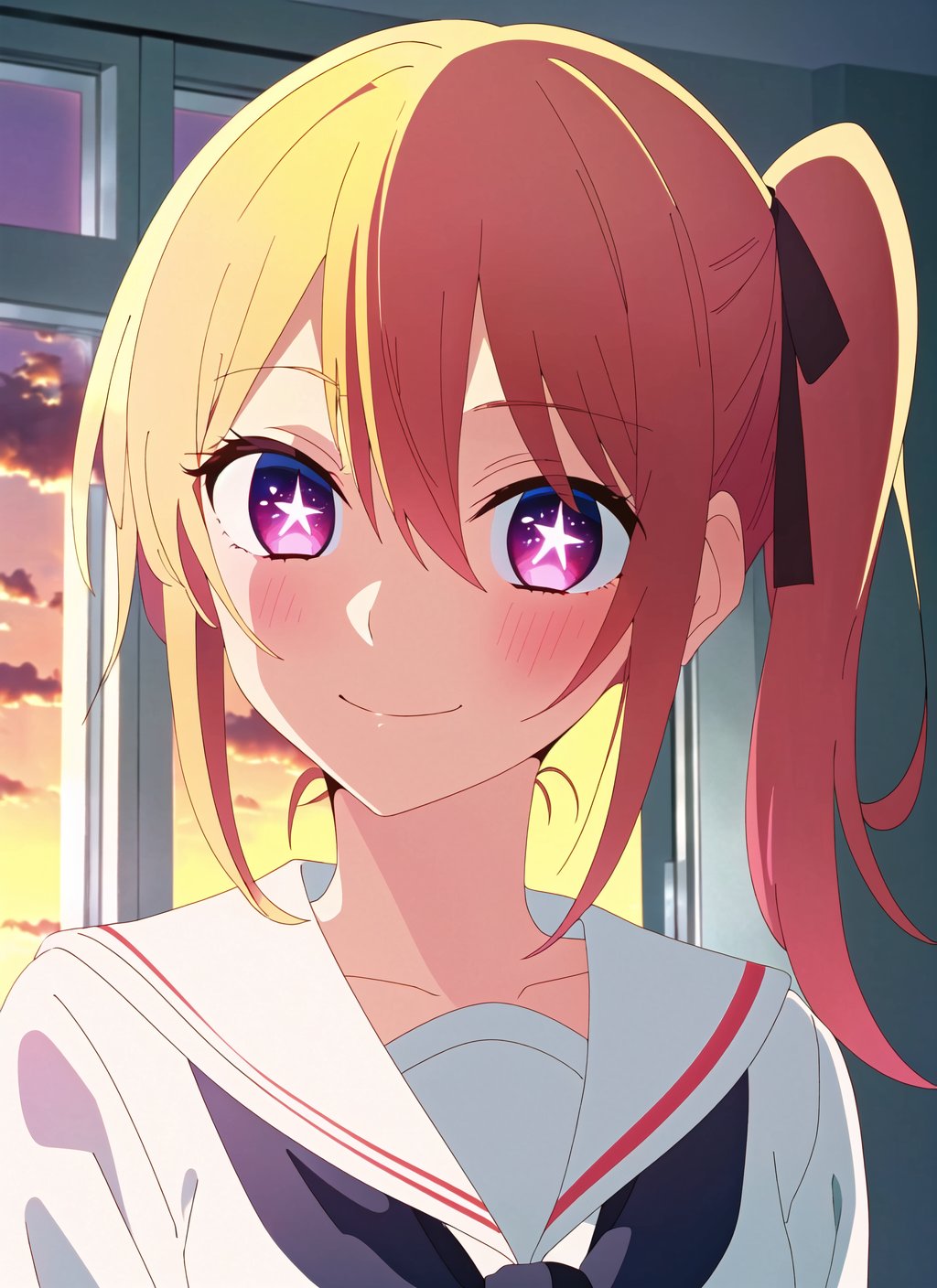 oshi no ko <lora:oshi_no_ko_offset:1>, masterpiece, best quality, 1girl, solo, school uniform, smile, window, blonde hair, white sailor collar, sailor collar, serafuku, bangs, closed mouth, sunset, upper body, hair between eyes, cloud, side ponytail, sky, indoors, blurry, shirt, sidelocks, looking to the side, red neckerchief, blurry background, symbol-shaped pupils, anime coloring, pink eyes