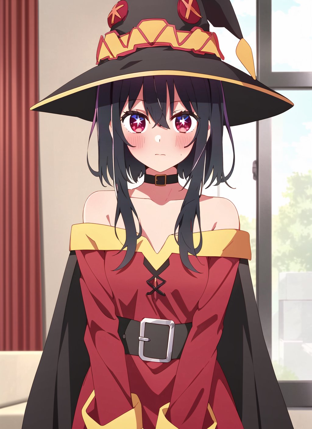 oshi no ko <lora:oshi_no_ko_offset:1>, megumin, 1girl, bare shoulders, black hair, black cape, black gloves, blush, cape, choker, collarbone, dress, hair between eyes, hat, long sleeves, red dress, symbol-shaped pupils, looking at viewer, medium hair, off-shoulder dress, off shoulder, red eyes, sidelocks, solo, witch hat, indoors, ((masterpiece))