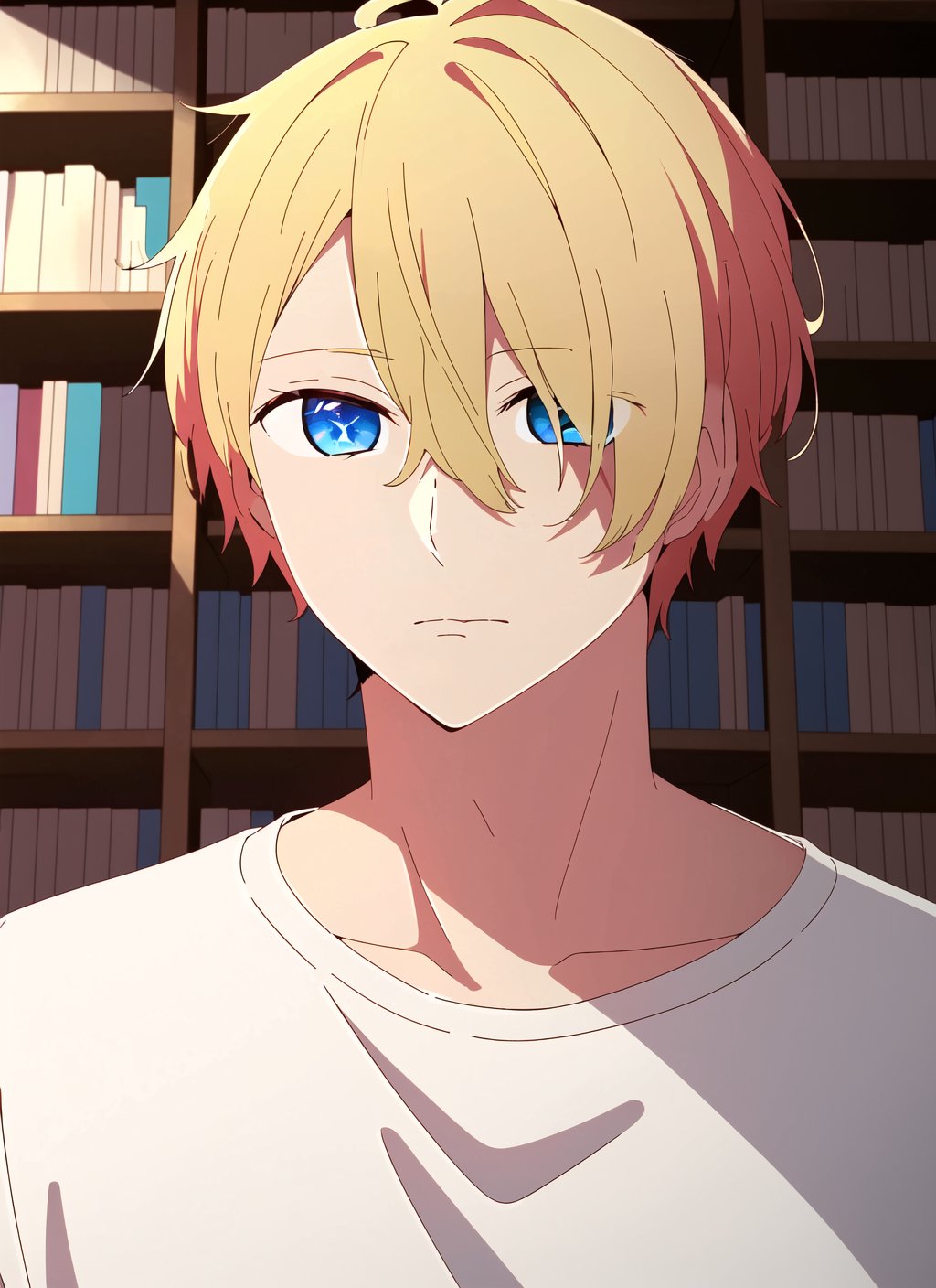 oshi no ko <lora:oshi_no_ko_offset:1>, 1boy, male focus, blonde hair, solo, blue eyes, bookshelf, hair between eyes, closed mouth, portrait, looking down, bangs, indoors, ((masterpiece))