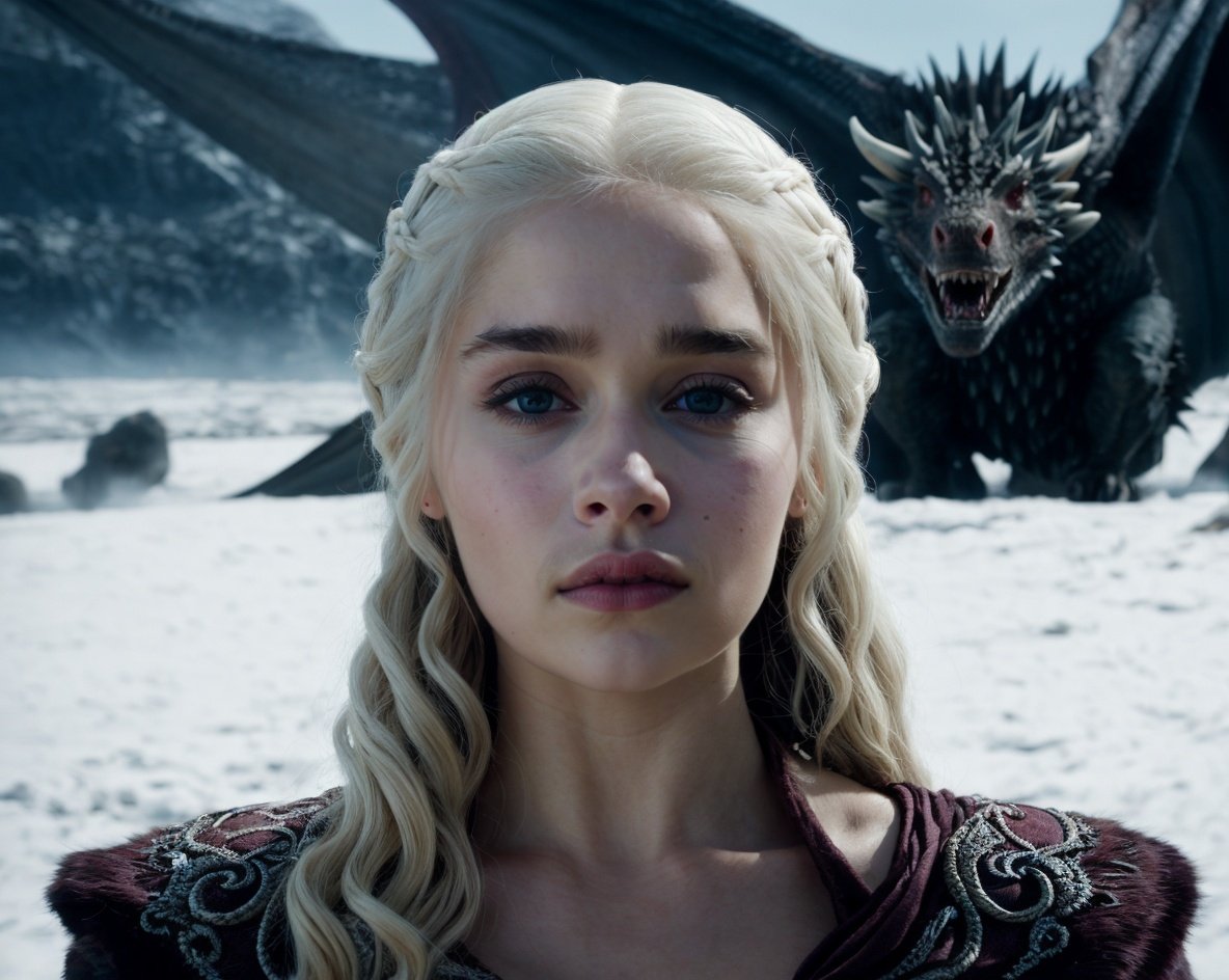 from Game of Thrones  <lora:game_of_thrones_offset:1>,   (masterpiece), (extremely intricate:1.3), (realistic), portrait of a girl, the most beautiful in the world,   Daenerys Targaryen, blonde hair, long hair, blue eyes, behind her is a dragon, monster, teeth, snow,  (detailed face, detailed eyes, clear skin, clear eyes), photorealistic, award winning, professional photograph of a stunning woman detailed, sharp focus, dramatic, award winning, cinematic lighting, octane render, unreal engine, volumetrics dtx