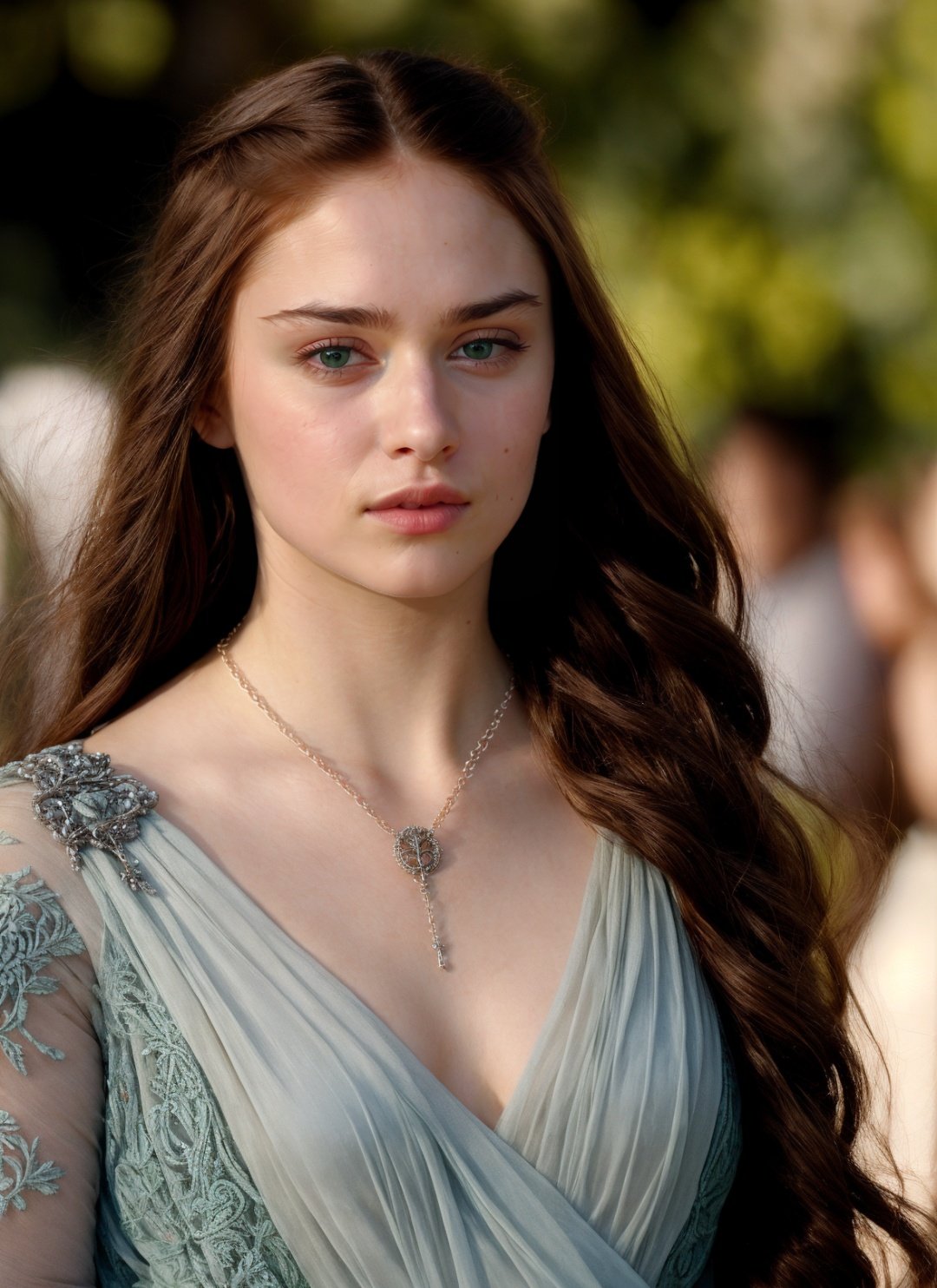 from Game of Thrones  <lora:game_of_thrones_offset:1>, (masterpiece), (extremely intricate:1.3), (realistic), portrait of a female, necklace, jewelry, long hair, 1boy, lips, solo focus, blurry, brown hair, realistic, blurry background, green eyes