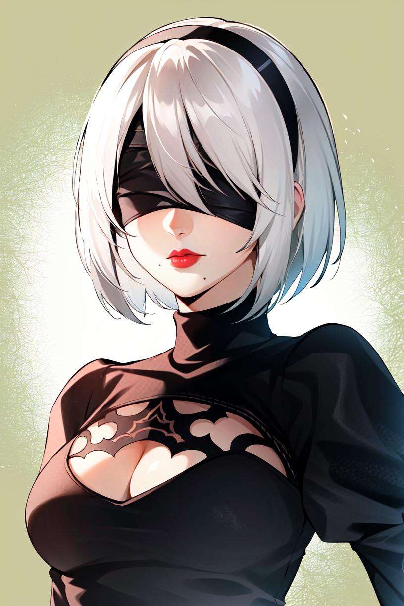 yorha no. 2 type b, 1girl, blindfold, breasts, cleavage, cleavage cutout, clothing cutout, green background, hair between eyes, hairband, highres, juliet sleeves, long sleeves, mole, mole under mouth, nier (series), nier automata, oni gini, puffy sleeves, red lips, shaded face, short hair, solo, turtleneck, upper body, white hair,<lora:yorha_noDOT_2_type_b:0.5>