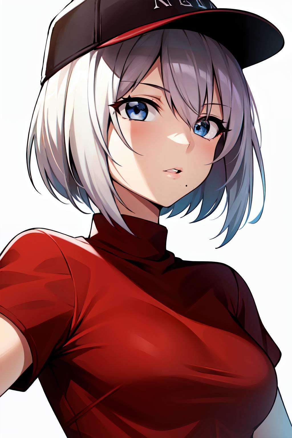 (yorha no. 2 type b),  1girl,  blue eyes, white hair, no blindfold, baseball cap, simple background, red shirt, upper body, (masterpiece), short hair, mole under mouth,  nier \(series\), nier automata,  parted lips,<lora:yorha_noDOT_2_type_b:0.5>