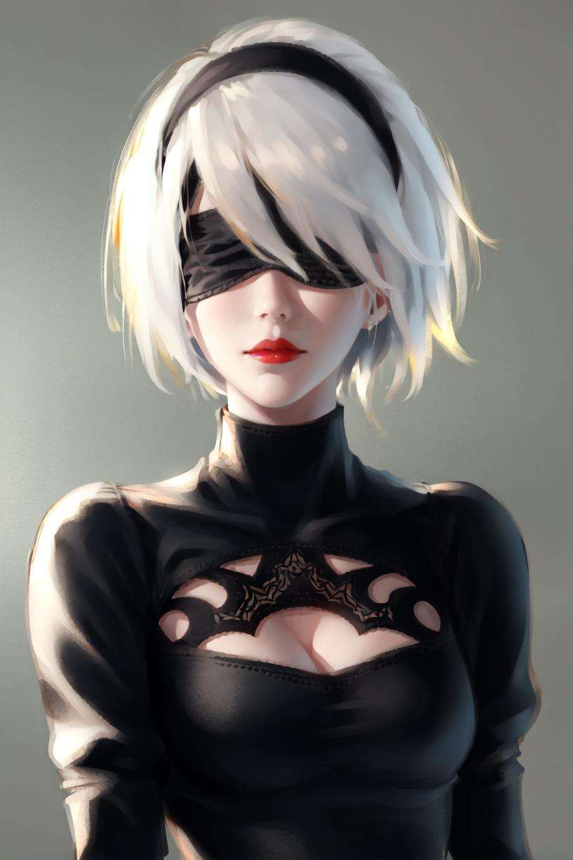 yorha no. 2 type b, 1girl, wlop, (blindfold), breasts, cleavage, cleavage cutout, clothing cutout, green background, hair between eyes, hairband, highres, juliet sleeves, long sleeves, nier (series), nier automata,  puffy sleeves, red lips, shaded face, short hair, solo, turtleneck, upper body, white hair, sky<lora:yorha_noDOT_2_type_b:0.4>  <lora:wlop-000030:0.5>