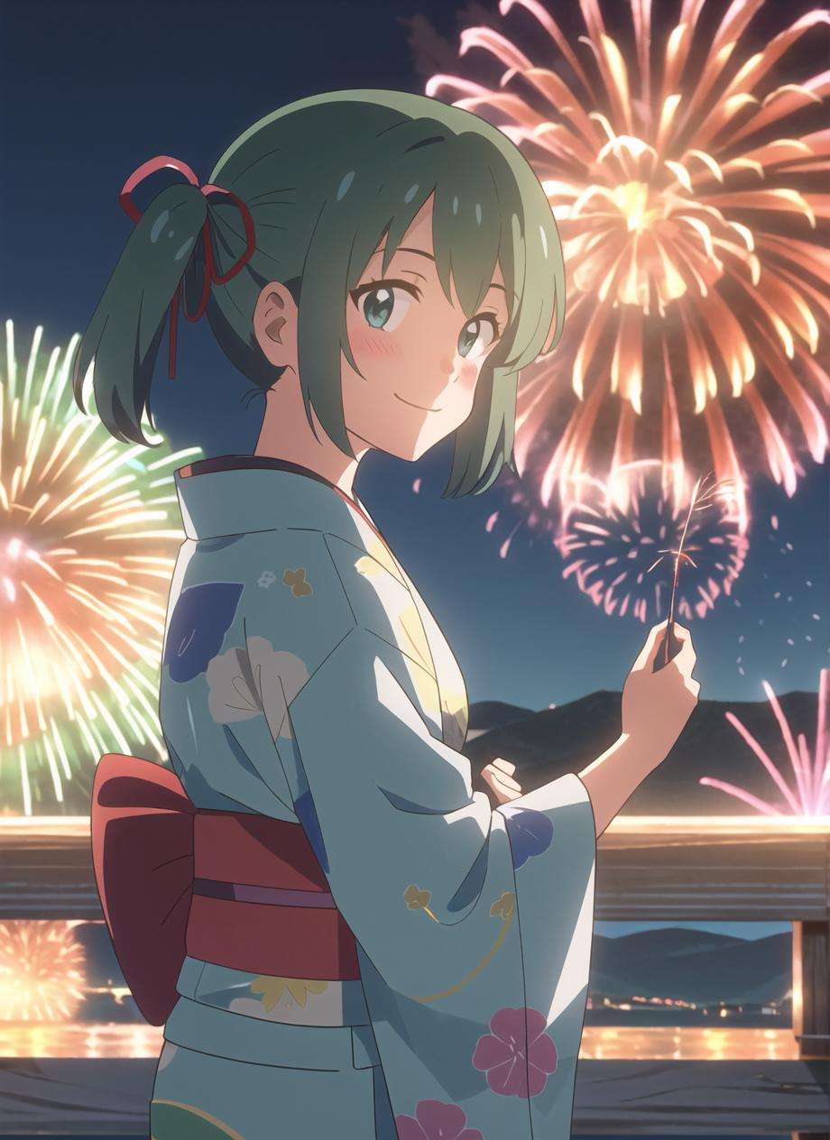 shinkai makoto, kimi no na wa., hatsune miku, 1girl, aerial fireworks, blue kimono, blush, aqua hair, green hair, fireworks, floral print,  twintails, japanese clothes, kimono, looking at viewer, mountainous horizon, night, night sky, obi, outdoors, print kimono, red ribbon, ribbon, sash, short hair, sky, smile, solo, summer festival, yukata <lora:shinkai_makoto_offset:1>