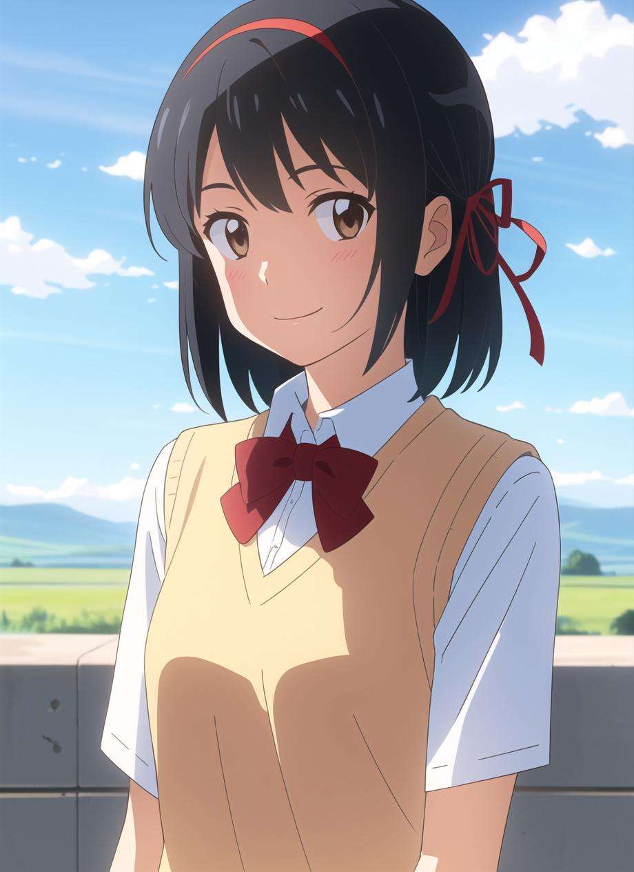 shinkai makoto, kimi no na wa., 1girl, bangs, black hair, blue sky, blush, bow, bowtie, brown eyes, cloud, collared shirt, hair ribbon, hairband, looking at viewer, negative space, outdoors, red bow, red bowtie, red hairband, red ribbon, ribbon,  school uniform, shirt, short hair, sky, smile, solo, sweater vest, upper body, vest, white shirt, yellow sweater vest, yellow vest  <lora:shinkai_makoto_offset:1>