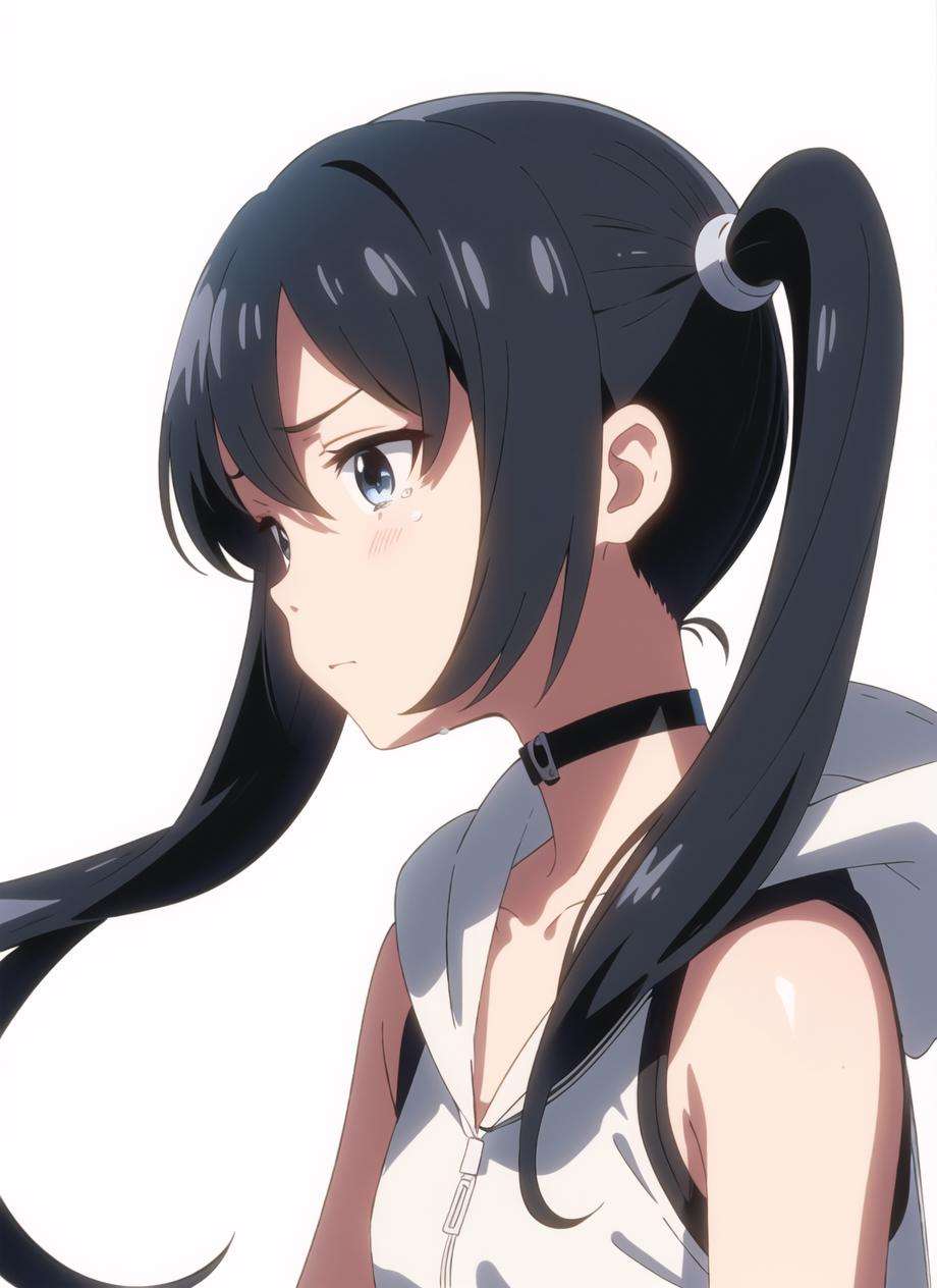 shinkai makoto, tenki no ko, amano hina \(tenki no ko\), 1girl, air bubble, bare arms, black choker, black hair, blue eyes, bubble, choker, closed mouth, collarbone, hood, hoodie, lens flare, long hair, own hands clasped, own hands together, simple background, sleeveless, sleeveless hoodie, solo, tearing up, tears, twintails, upper body, white background, white hoodie<lora:shinkai_makoto_offset:1>