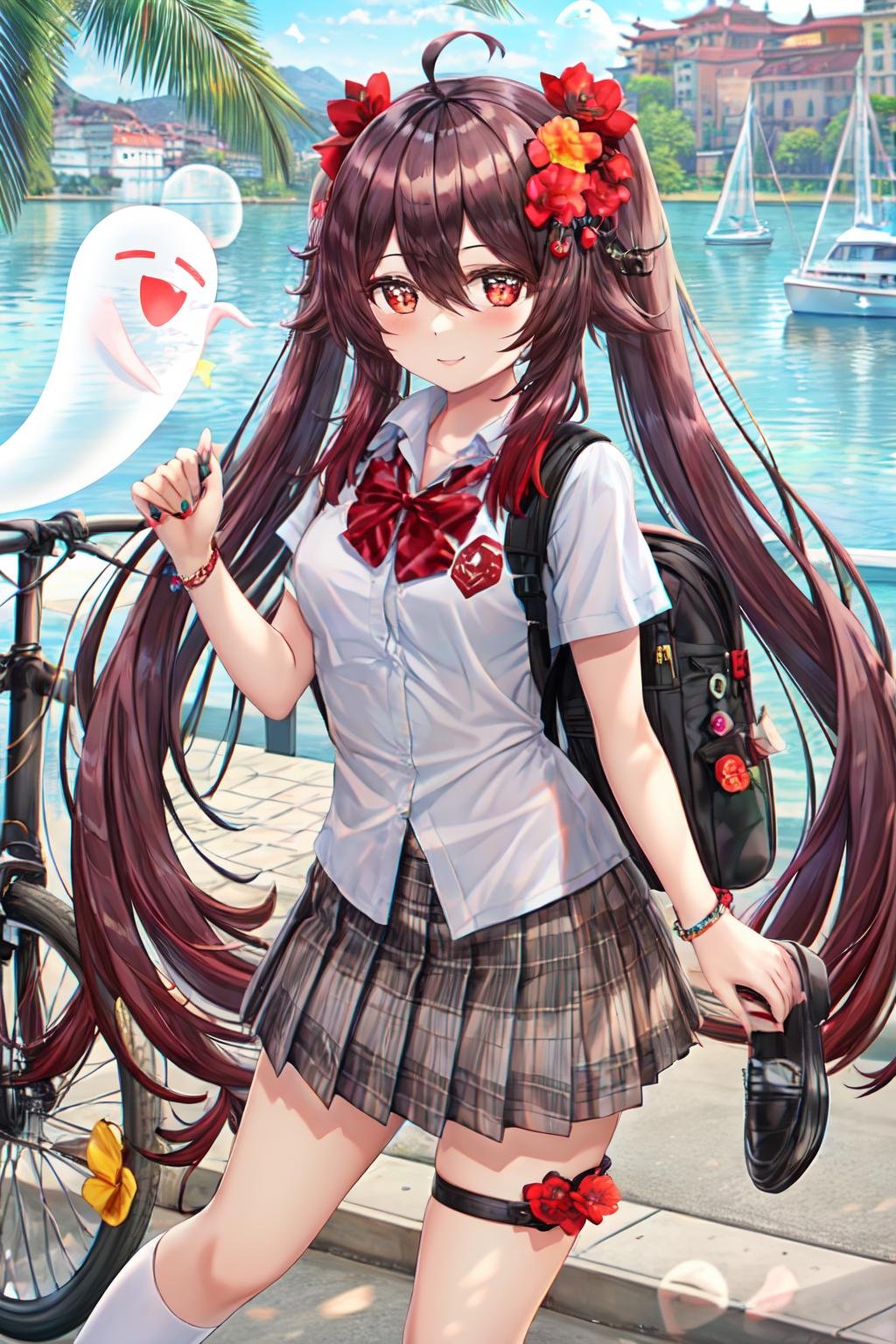 torino aqua, 1girl, ahoge, alternate costume, backpack, bag, bangs, bicycle, blush, boat, bow, bowtie, brown hair, building, electric fan, flower, genshin impact, ghost, ground vehicle, hair between eyes, hand fan, hat, highres, holding, holding fan, hu tao (genshin impact), jewelry, lake, long hair, looking at viewer, nail polish, red eyes, revision, school uniform, shirt, shoes, skirt, smile, solo, symbol-shaped pupils, thigh strap, torino aqua, twintails, watercraft,<lora:torino_aqua:0.6>